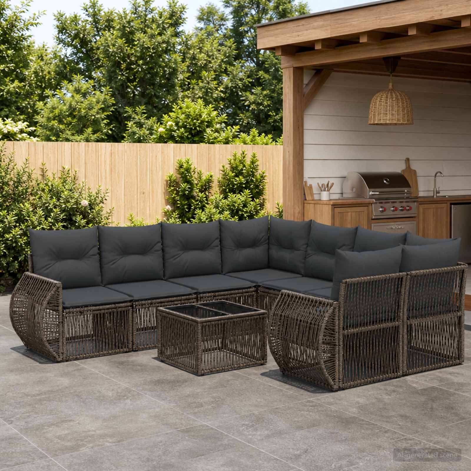 Outdoor-Rattansektionalsofa-Set mit dunklen Kissen und passendem Couchtisch auf einer Terrasse neben einem überdachten Grillbereich.