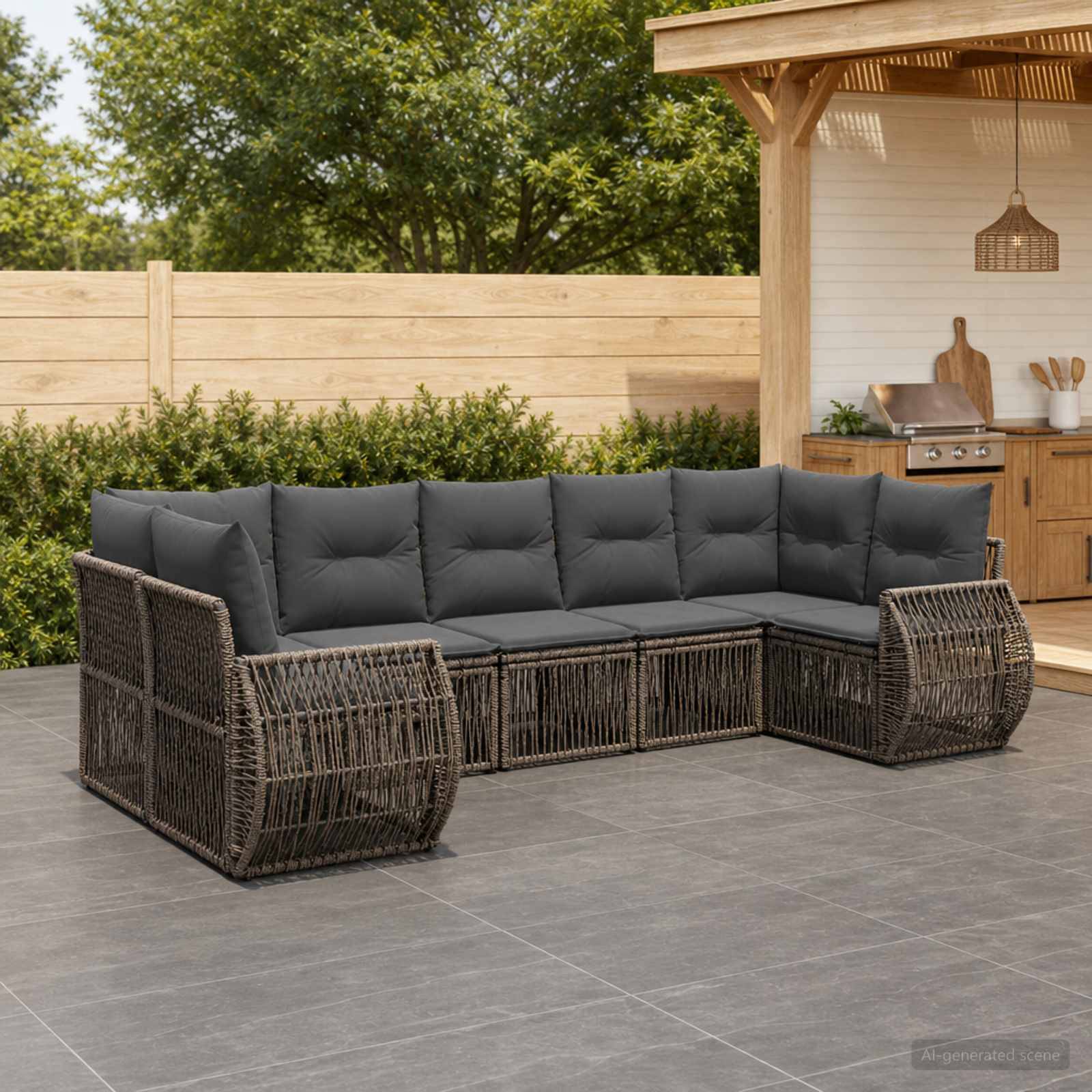 Outdoor-Rattansektionalsofa mit dunklen Kissen auf einer Terrasse, neben einer hölzernen Außenküche und einem Sichtschutzzaun.