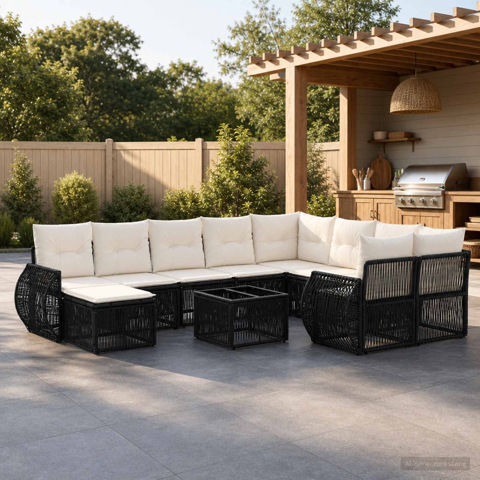 Außenterrasse mit weißgepolstertem L-förmigem Ecksofa und schwarzen Rattankaffeetischen neben einer Holzpergolaküche und einem Grill.