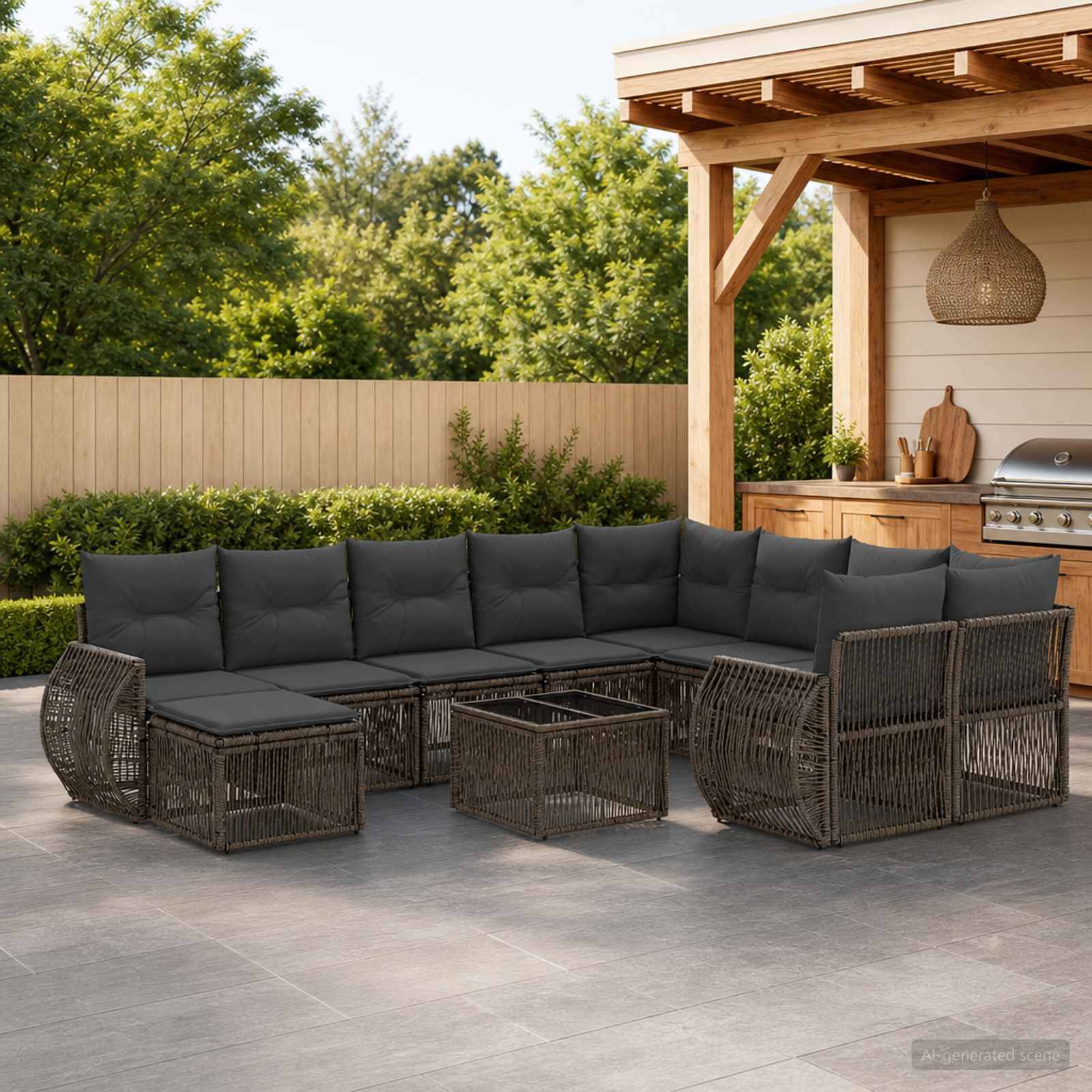 Outdoor-Terrasse mit dunklem Korbgeflecht-Ecksofa-Set, zwei Couchtischen und Grill unter einer Holzpergola in einem umzäunten Hinterhof.