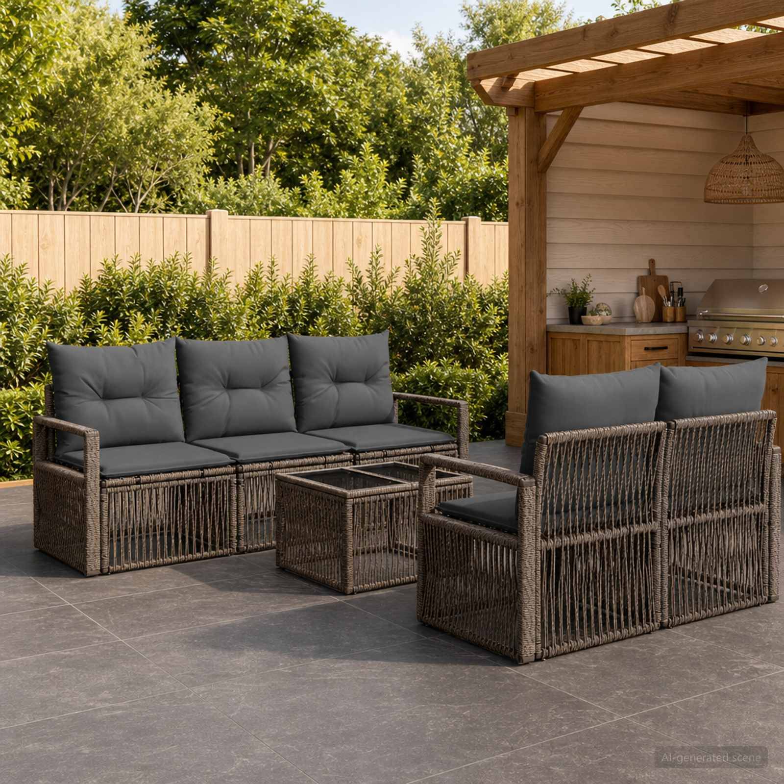 Outdoor-Terrasse mit Korbrattan-Sofa, zwei Sesseln und einem quadratischen Couchtisch neben einer Holzpergola und einer Außenküche.