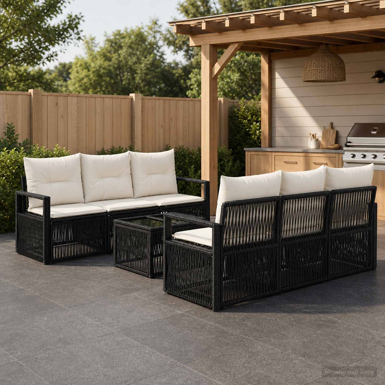 Außenbereich mit zwei schwarzen geflochtenen Sofas und einem Glastisch neben einem überdachten Grillbereich und einem Holzzaun.