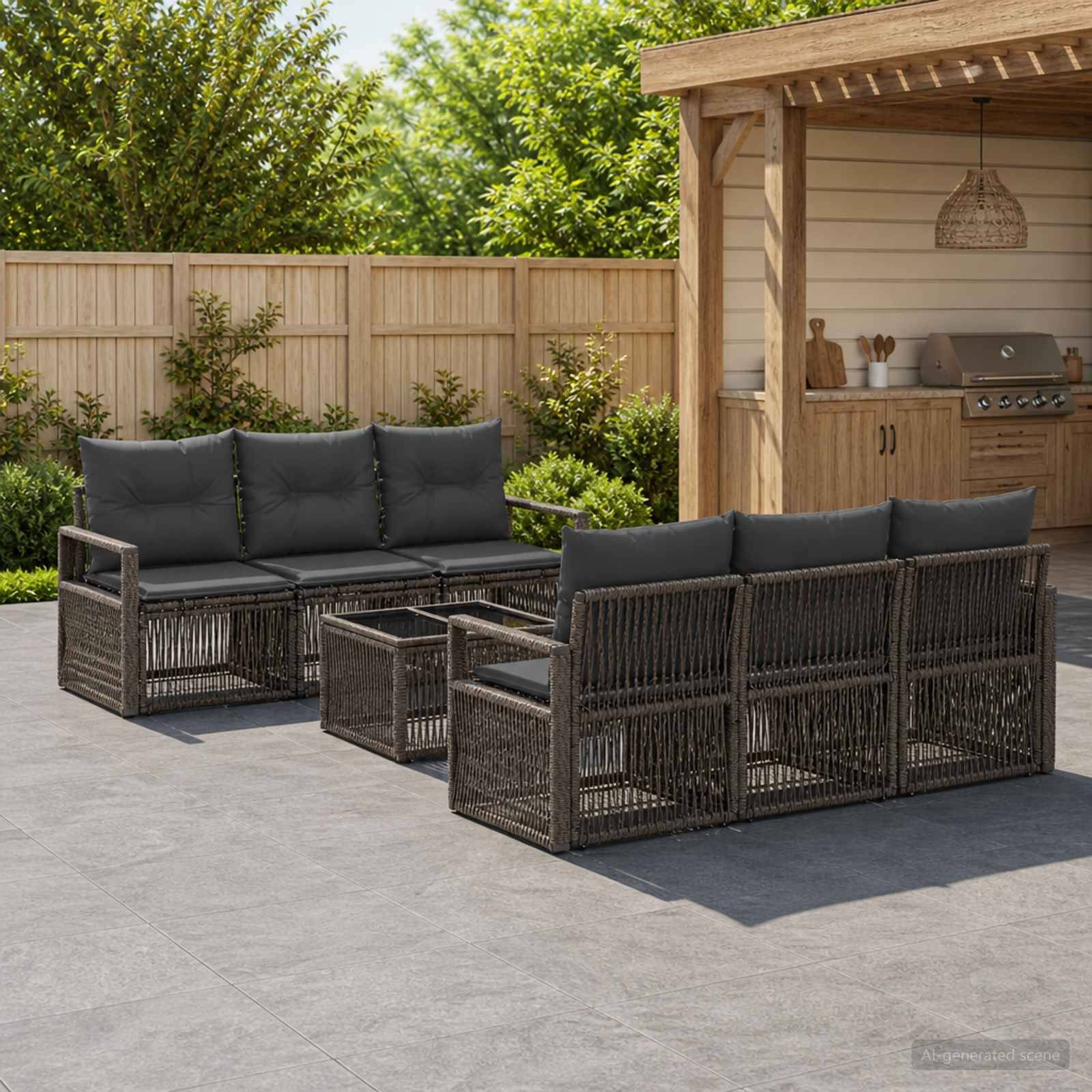 Outdoor-Terrasse mit zwei dunklen Rattansofas, passenden Couchtischen und einer Grill-Station im Hinterhof unter einer hölzernen Pergola.