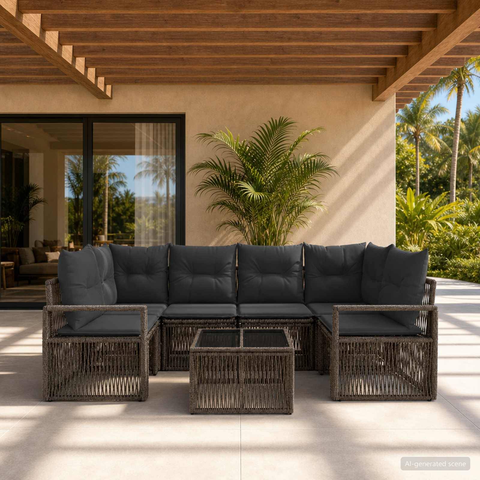 Außenterrasse mit dunklem Korbgeflecht-Ecksofa, passenden Stühlen und Couchtisch unter einer überdachten Terrasse mit Palmen im Hintergrund.