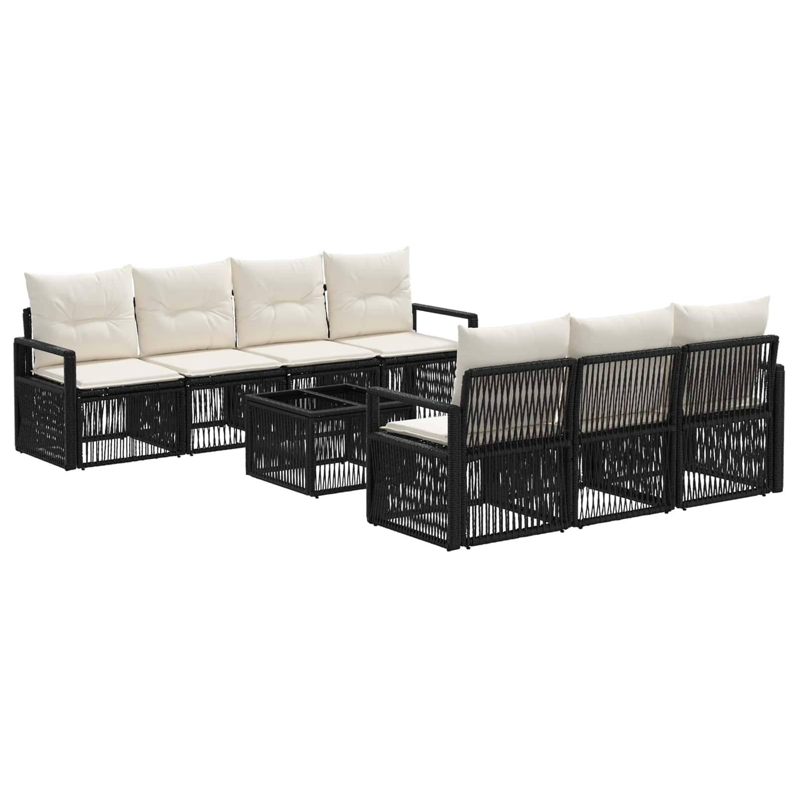 Schwarzes Gartensektional-Sofa-Set aus Rattan mit beigen Kissen, bestehend aus zwei passenden Zweisitzern und einem kleinen Tisch