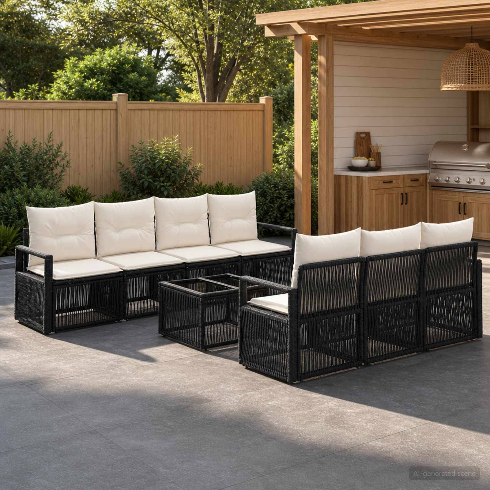 Außenbereich der Terrasse mit schwarzen geflochtenen Sofas und weißen Kissen um einen Glastisch neben einer Holzpergola und einer Außenküche.