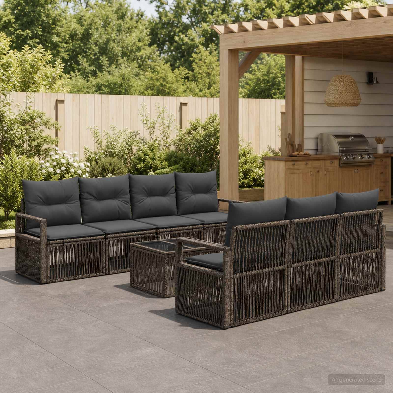 Outdoor-Sitzbereich mit dunklen Rattan-Loungessofas, Glastische und einer Holzpergola/Bar vor einem eingezäunten Gartenhintergrund.