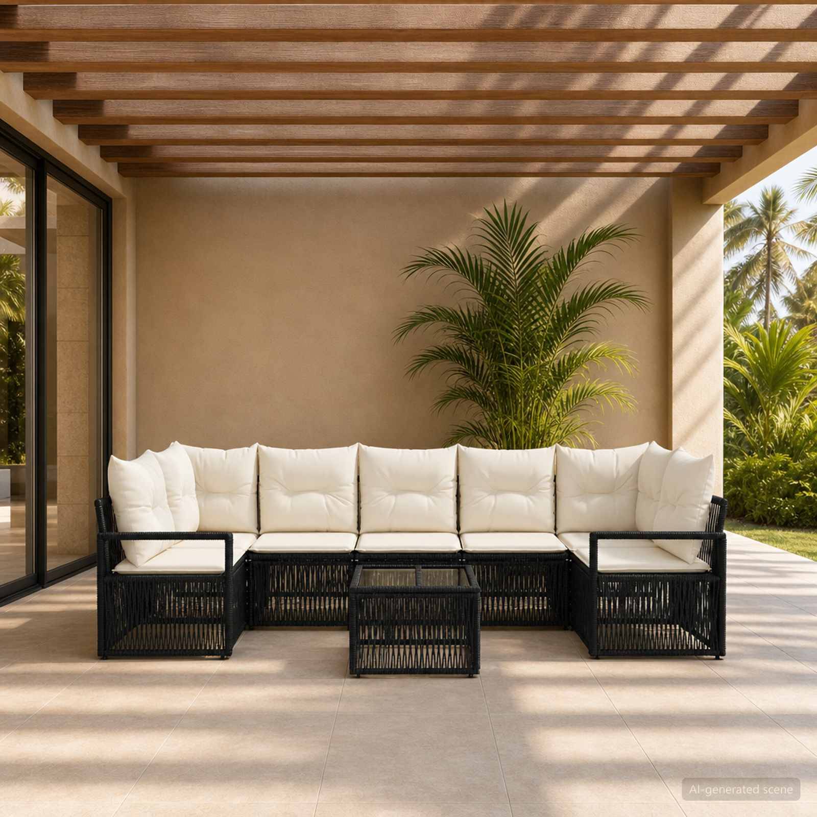 Außenbereichssitzecke mit schwarzem gewebtem Ecksofa, Couchtisch und tropischen Pflanzen unter einer Pergola mit Holzbalken.