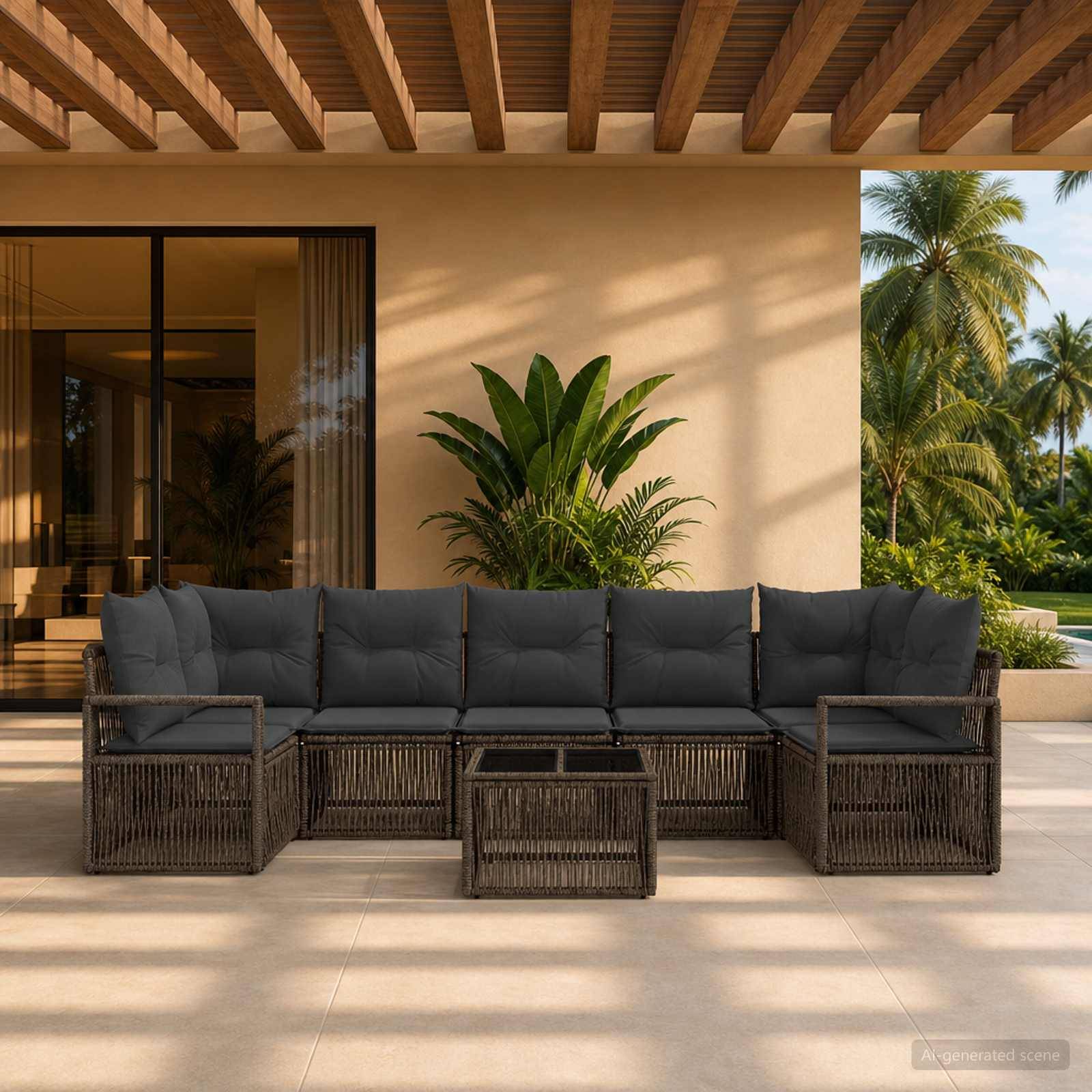 Überdachte Terrasse mit dunkelm Korbgeflecht-Ecksofa und passendem Tisch, vor einer beigen Wand mit tropischen Pflanzen und Blick auf eine Palmenreihe.