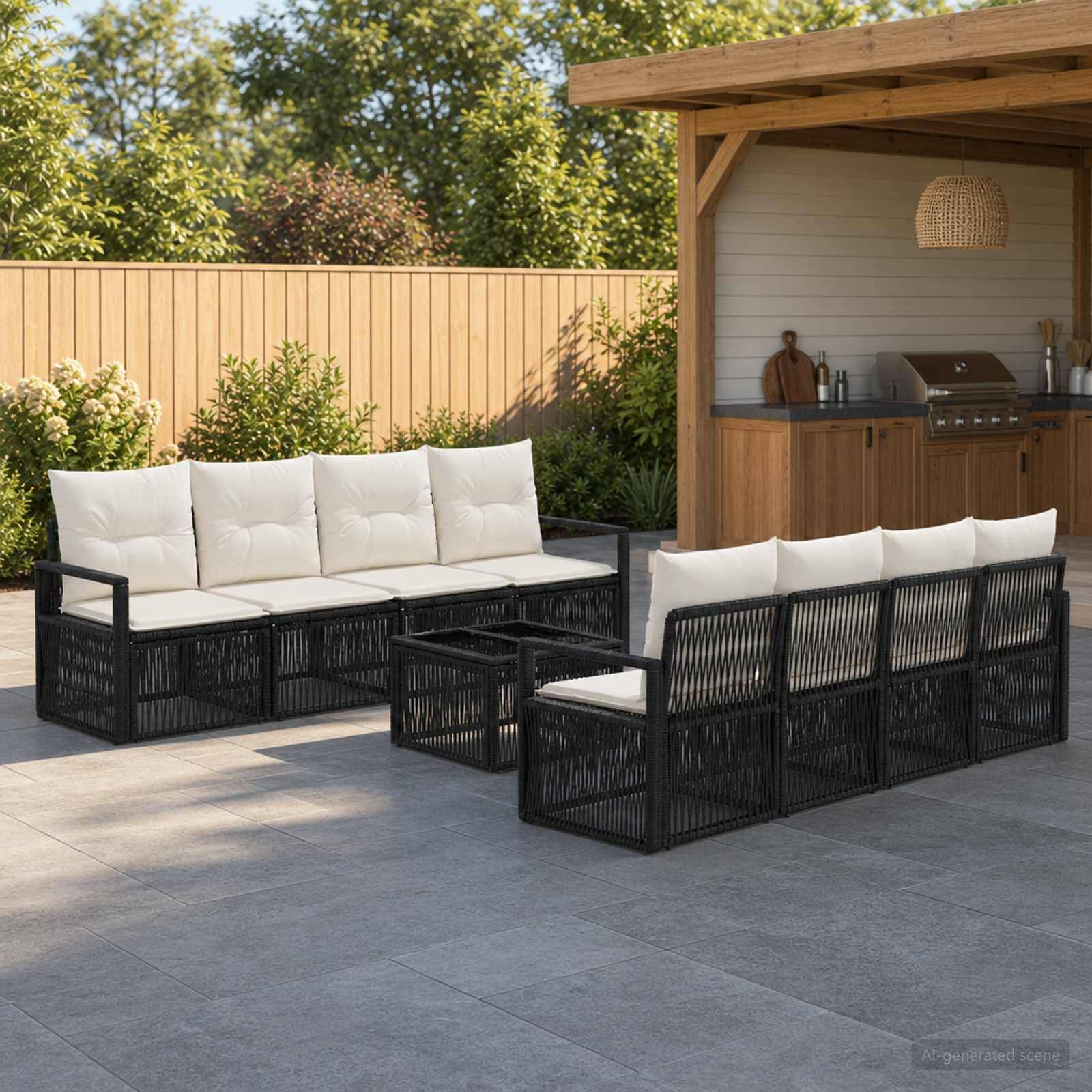 Outdoor-Terrasse mit schwarzen Korbgeflecht-Ecksofa, weißen Kissen und passendem Couchtisch neben einer Gartenbar und Grill.