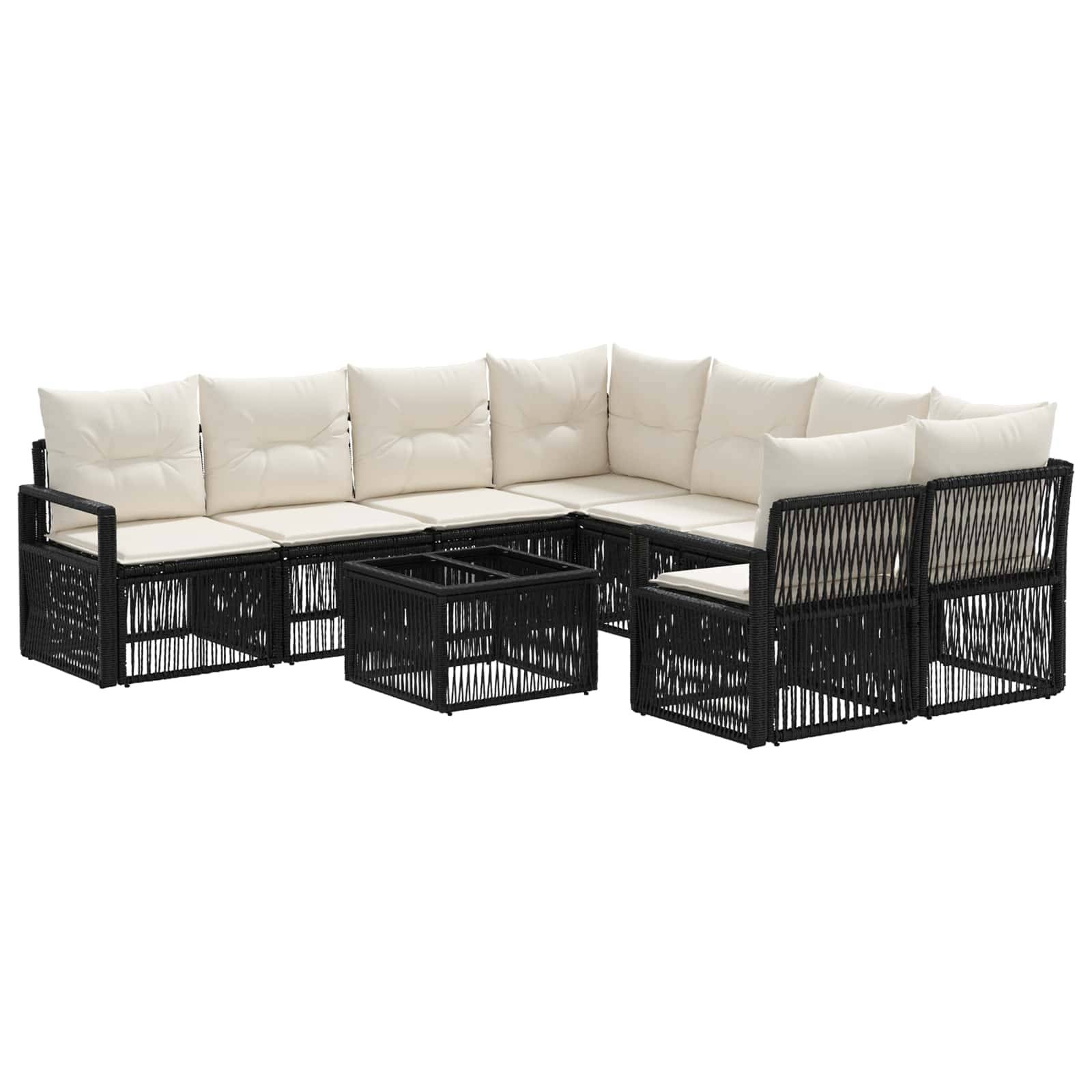 Schwarze Flechtgartenmöbel-Loungemöbel-Set mit cremefarbenen Kissen und einem passenden Couchtisch auf weißem Hintergrund.