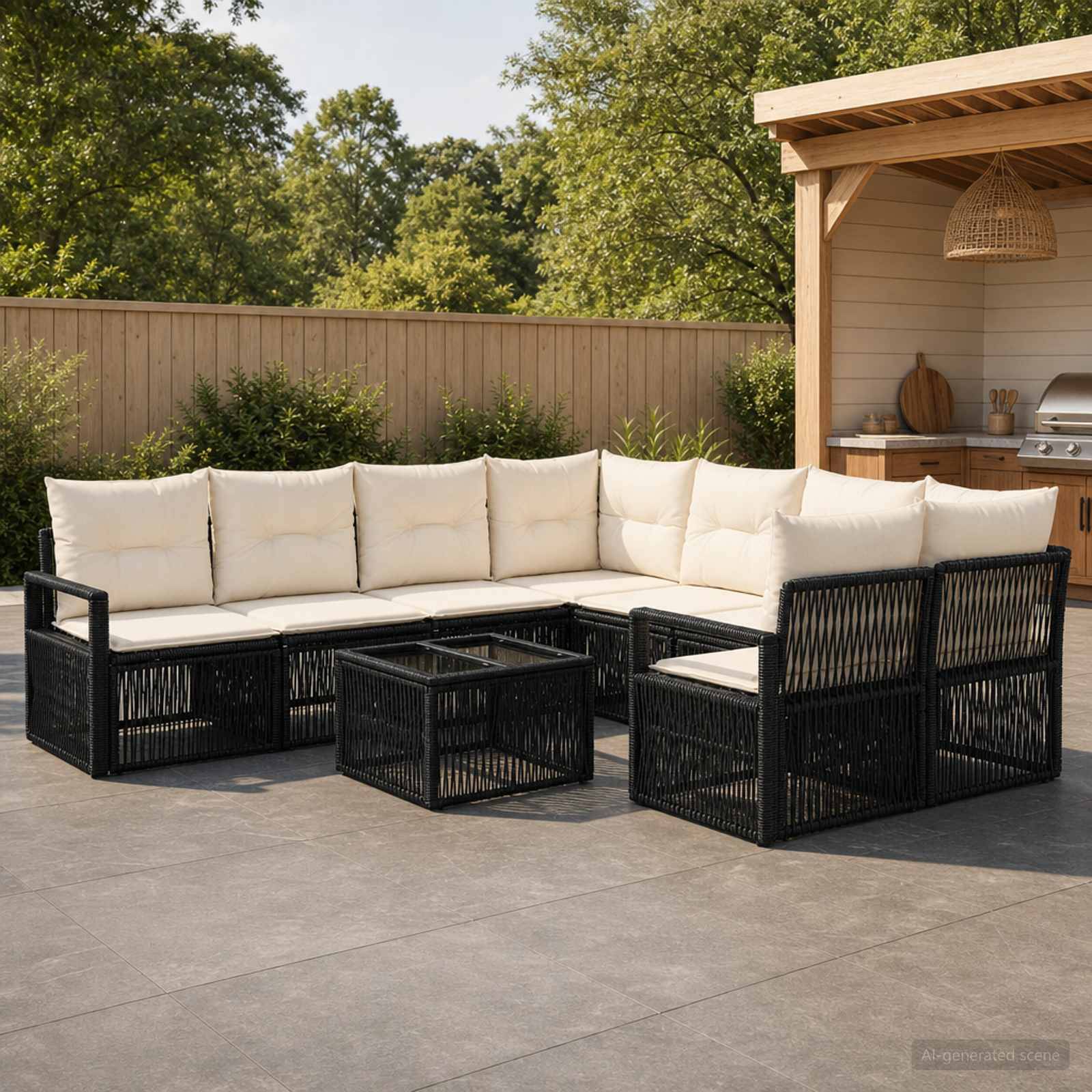 Outdoor-Ecksofa-Set für die Terrasse mit cremefarbenen Kissen, schwarzem geflochtenem Rahmen und Glastisch-Couchtisch auf einer gepflasterten Terrasse neben einer überdachten Außenküche.