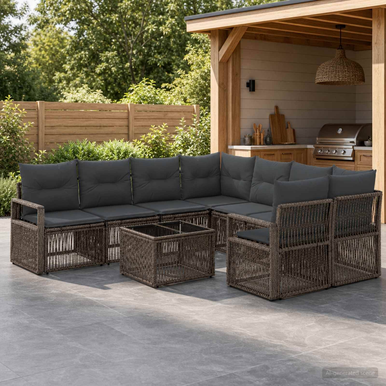 Dunkelbraune Korbgeflecht-Lounge in L-Form mit grauen Kissen und passendem Couchtisch auf einer Terrasse neben einem Grillbereich im Hinterhof.