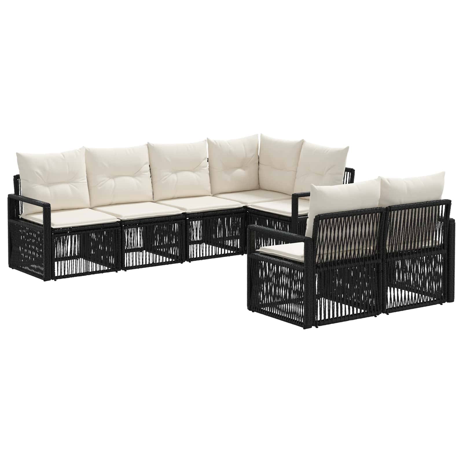 Schwarzes Rattan-Außen-Patio-Ecksofa-Set mit cremefarbenen Kissen, bestehend aus einer Eckcouch, einem Loveseat und einem Sessel auf weißem Hintergrund