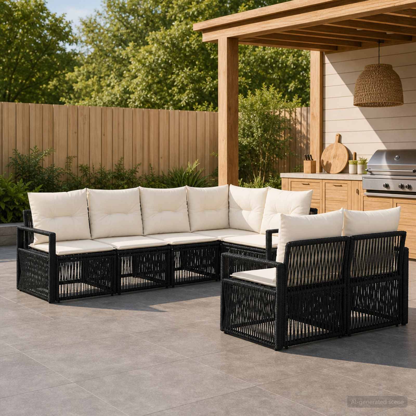 Überdachte Patio-Sitzbereiche mit schwarzem gewebtem Ecksofa und cremefarbenen Kissen neben einem eingebauten Grill und einer Holzpergola.