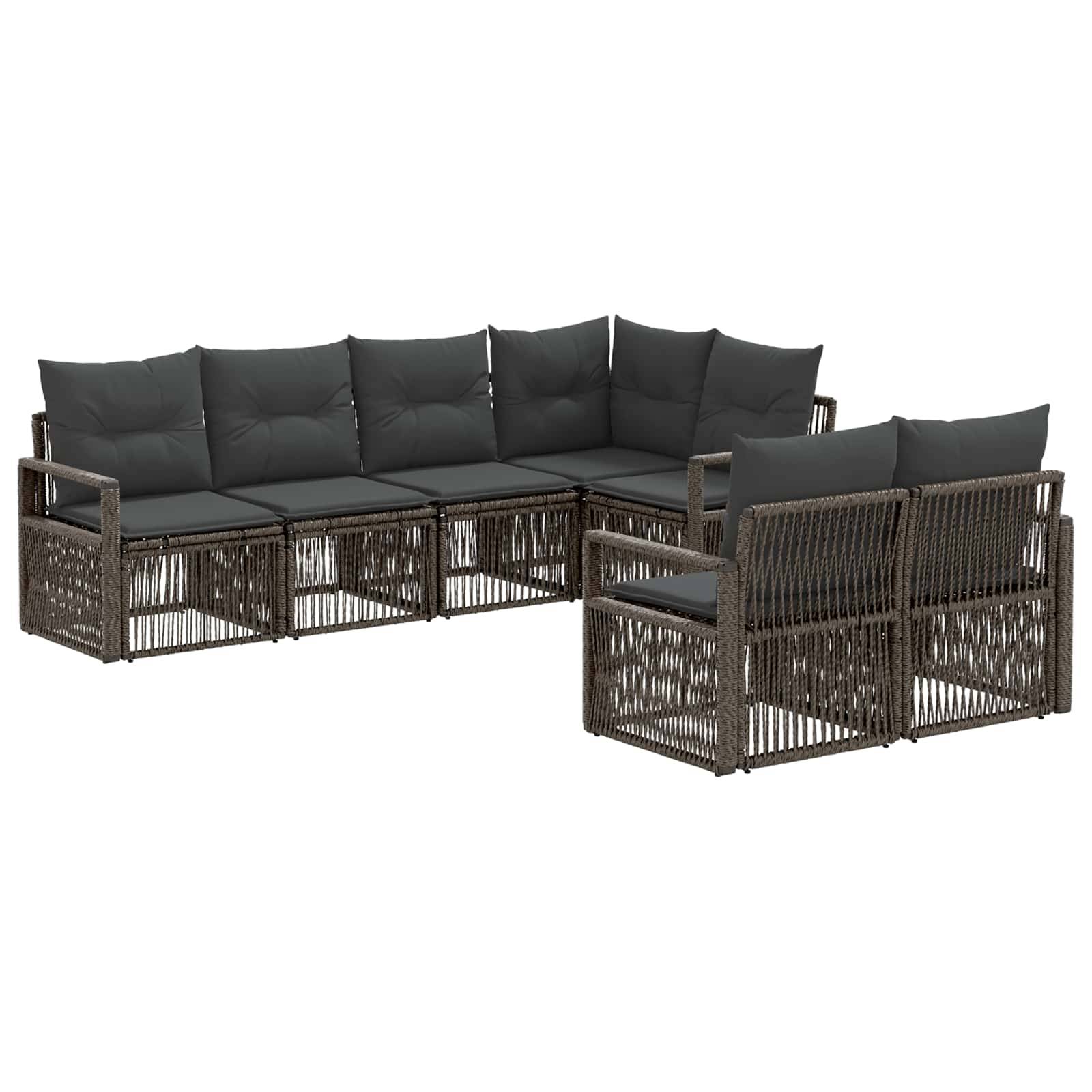 Braunes Flechtwerk-Außenbereichs-Ecksofa-Set mit schwarzen Kissen, bestehend aus einem langen Ecksofa und zwei Sesseln