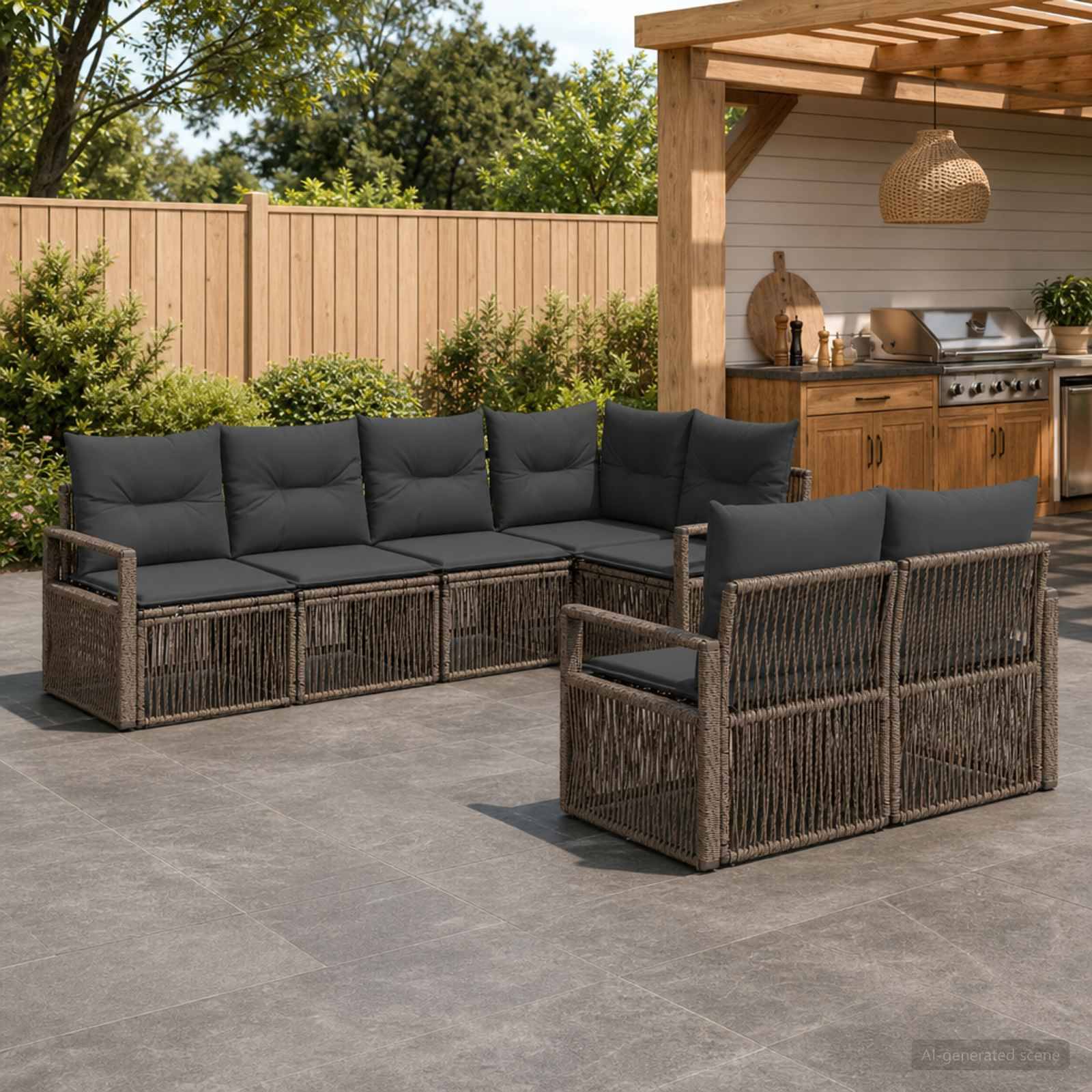 Gartenteasse-Sitzmöbel-Set mit Ecksofa und zwei Sesseln, mit geflochtenen braunen Rahmen und dunklen Kissen neben einer Außenküche im Garten und einem Zaun.