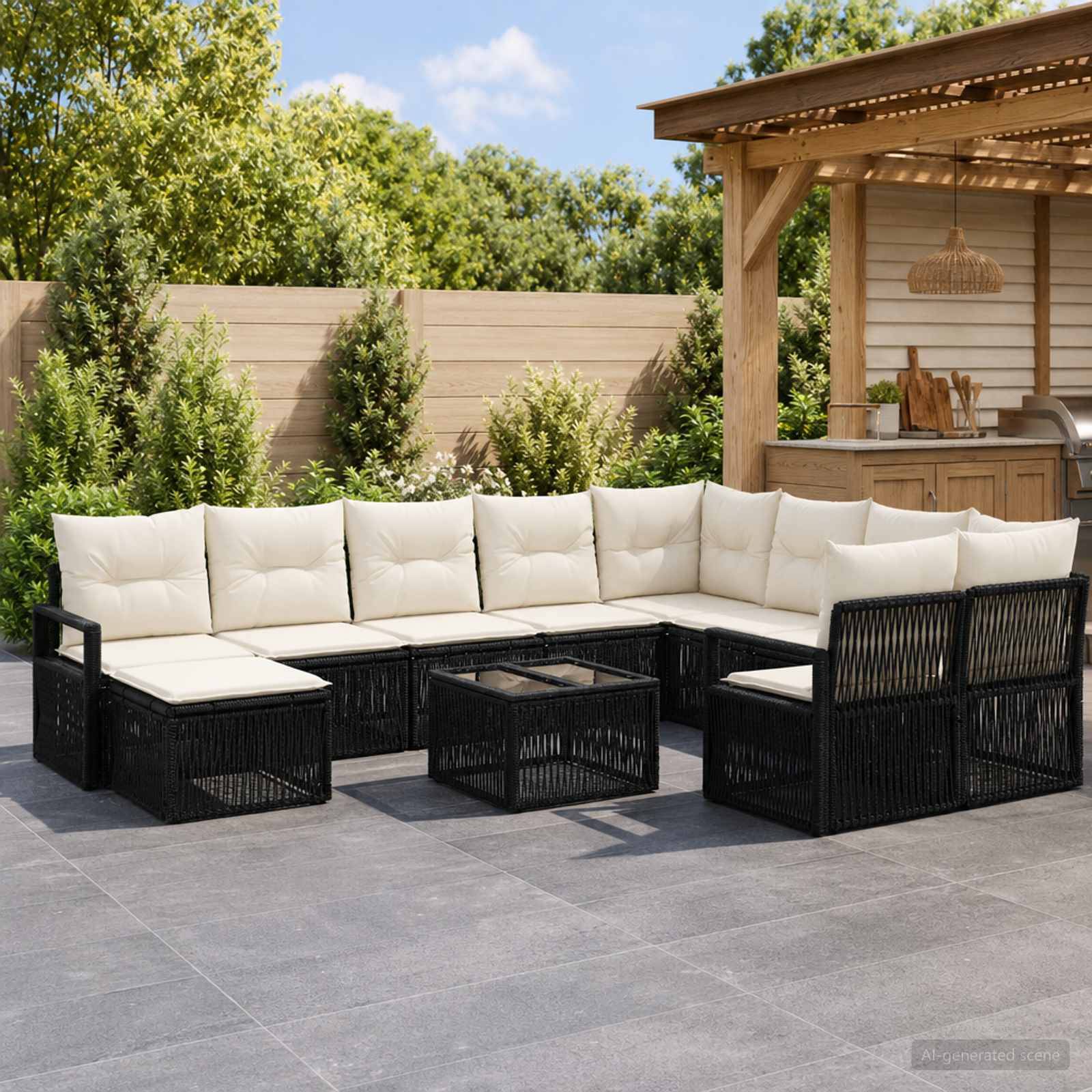 Terrassenereich mit schwarzem Rattan-Ecksofa, cremefarbenen Kissen und passendem Couchtisch neben einer Holzpergola und einem Gartenzaun.