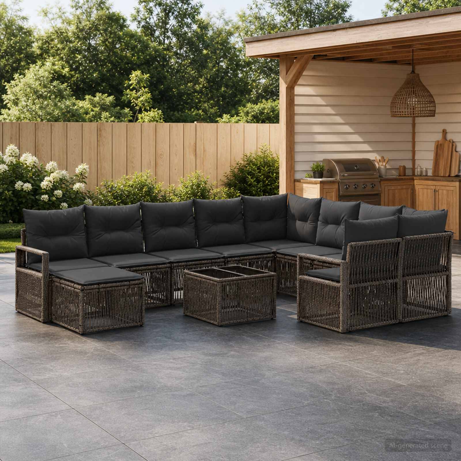 Outdoor-Terrassenmöbelset mit schwarzem Polyrattan-Ecksofa, Sesseln und Couchtischen auf einer Steinterrasse neben einer Pergola im Hinterhof und einem Grill.