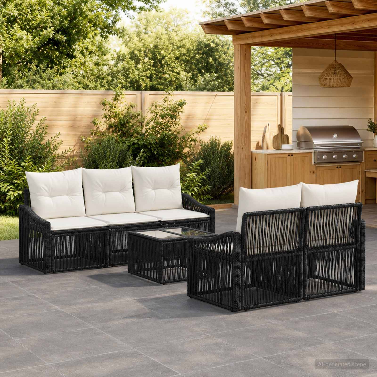 Outdoor-Sitzgarnitur auf der Terrasse mit schwarzen Rattansofa, weißen Kissen und passendem Couchtisch neben einem Gartengrill unter einer Pergola.