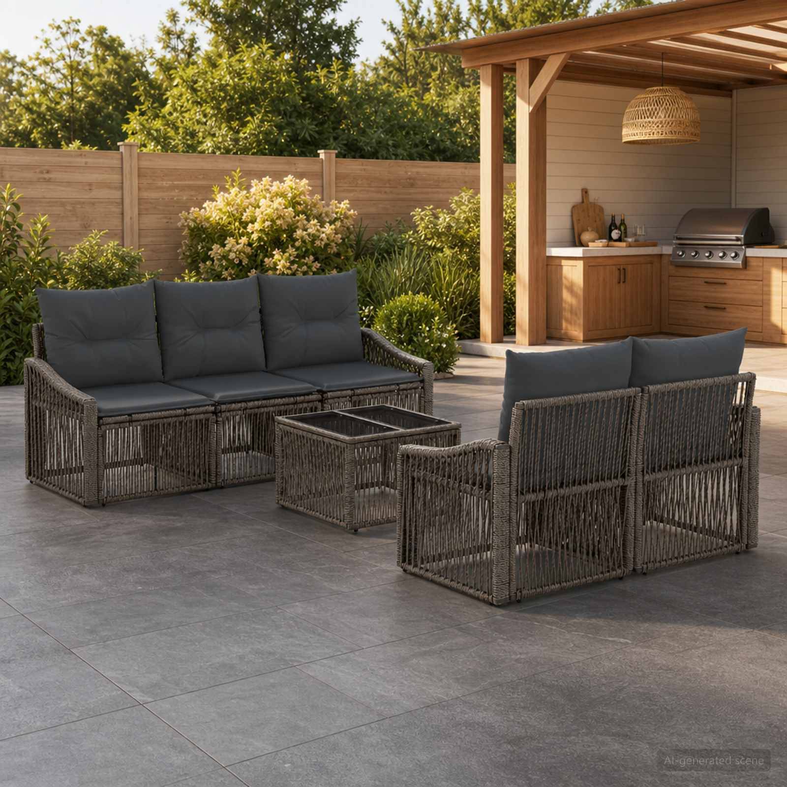 Gartenmöbel-Sitzgarnitur im Freien mit zwei Korbsofas, zwei Stühlen und einem Couchtisch neben einem überdachten Grillbereich im Hinterhof.