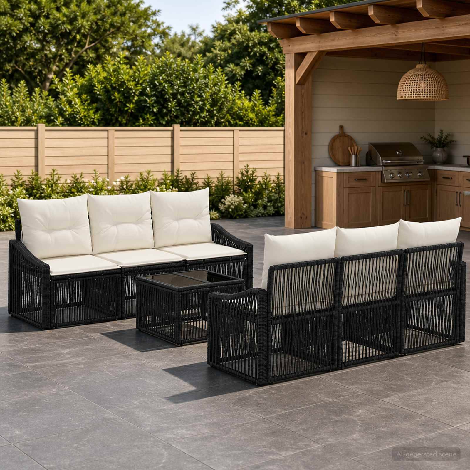 Zwei schwarze Korbmöbel-Außensofas mit weißen Kissen und einem dazu passenden Couchtisch stehen auf einer Terrasse neben einem Gartenküchen-Pavillon.