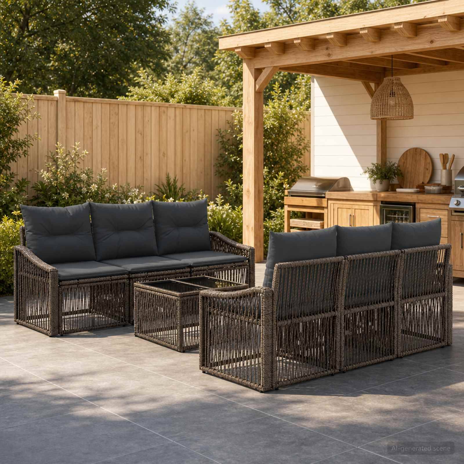 Außenterrasse mit zwei Korbsofas, einem Couchtisch und einem von einer Holzpergola überdachten Barbereich in einem gestalteten Garten.