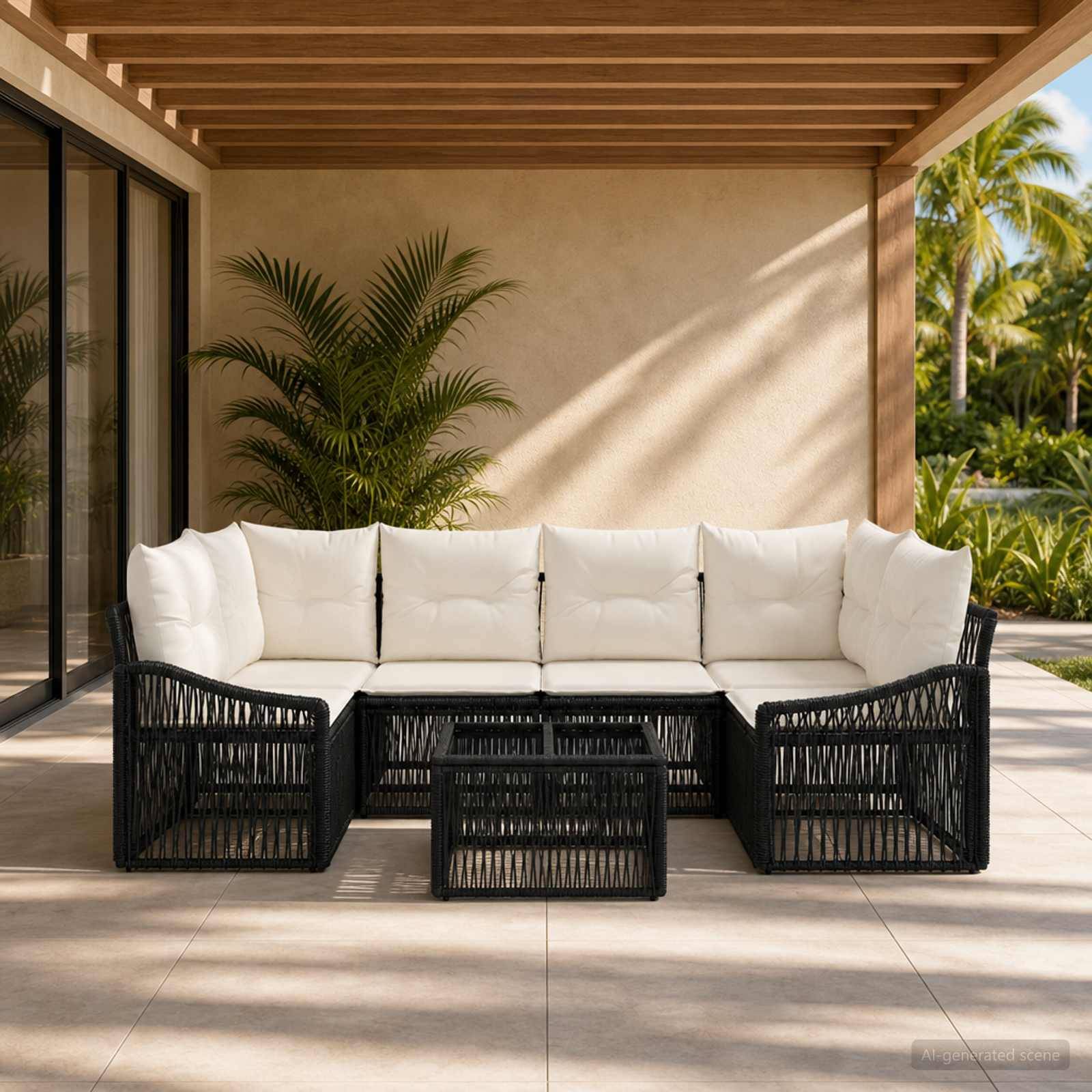 Schwarzes Korb-Ecksofa mit weißen Kissen und passendem Couchtisch auf einer überdachten Terrasse, mit tropischen Pflanzen und Palmen im Hintergrund.