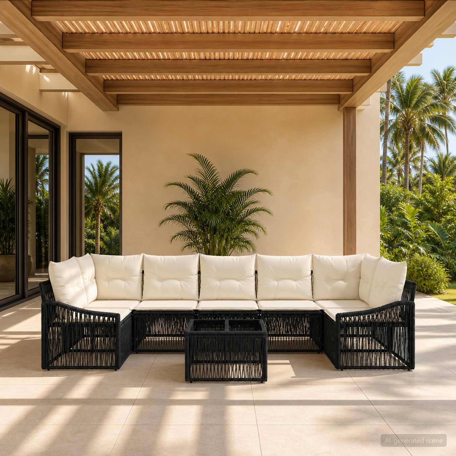 Terrasse im Freien mit schwarzem Ecksofa mit cremefarbenen Kissen und passendem Couchtisch unter einer Holzpergola, mit tropischen Palmen im Hintergrund.