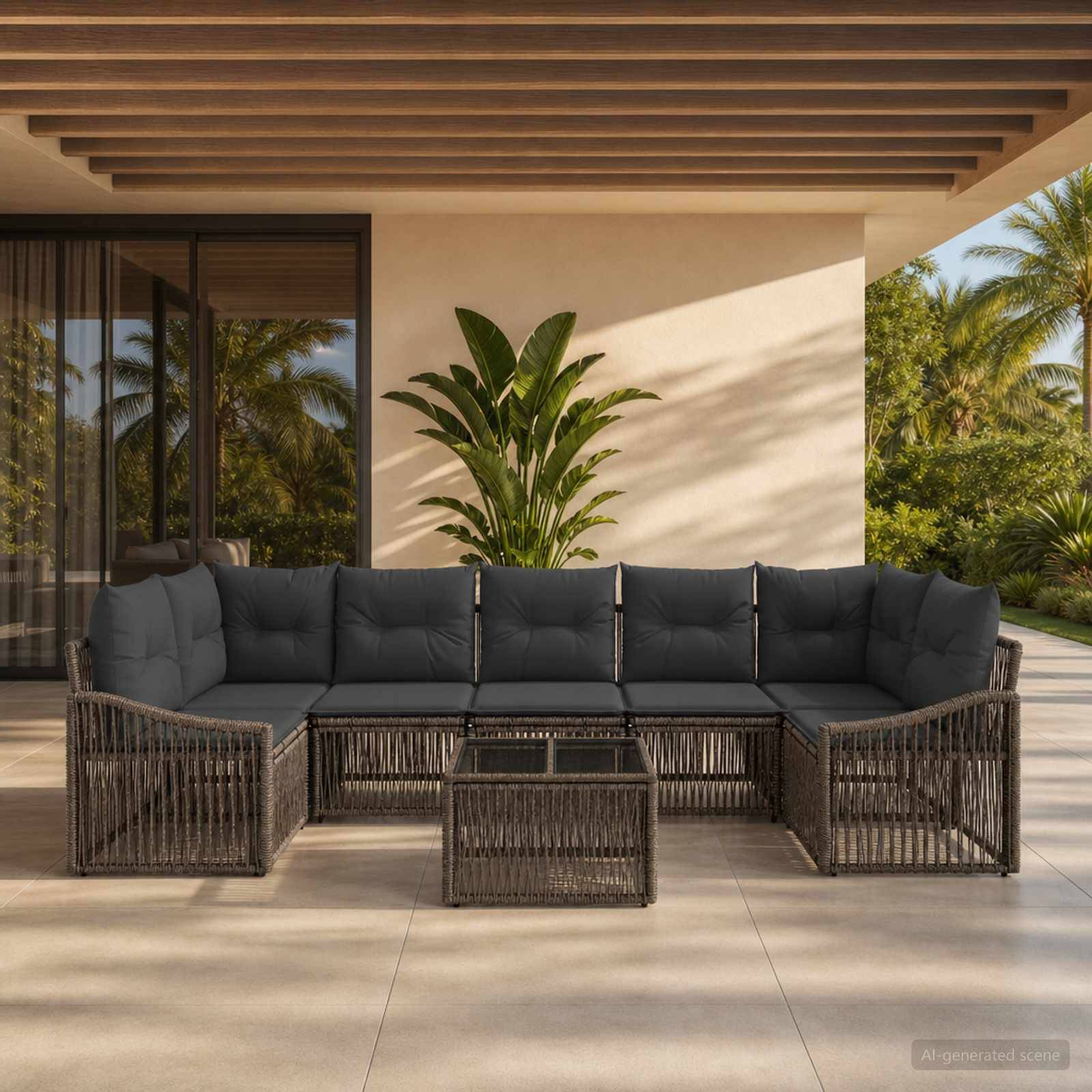 Außenbereich mit einer Terrasse mit dunklem Rattansofa in L-Form, Couchtisch und topfierter Pflanze neben einem modernen Haus mit Blick auf Palmen.