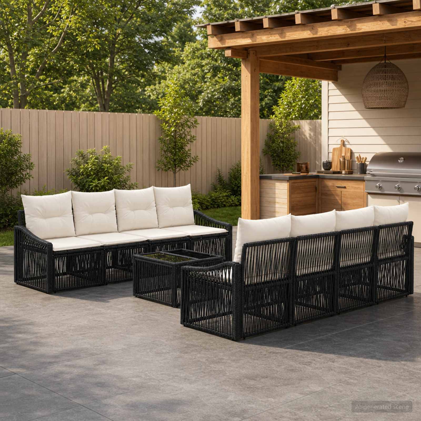Außenterrasse mit zwei schwarzen Rattan-Sofas und einem Couchtisch neben einem abgedeckten Grill und einer hölzernen Bartheke.