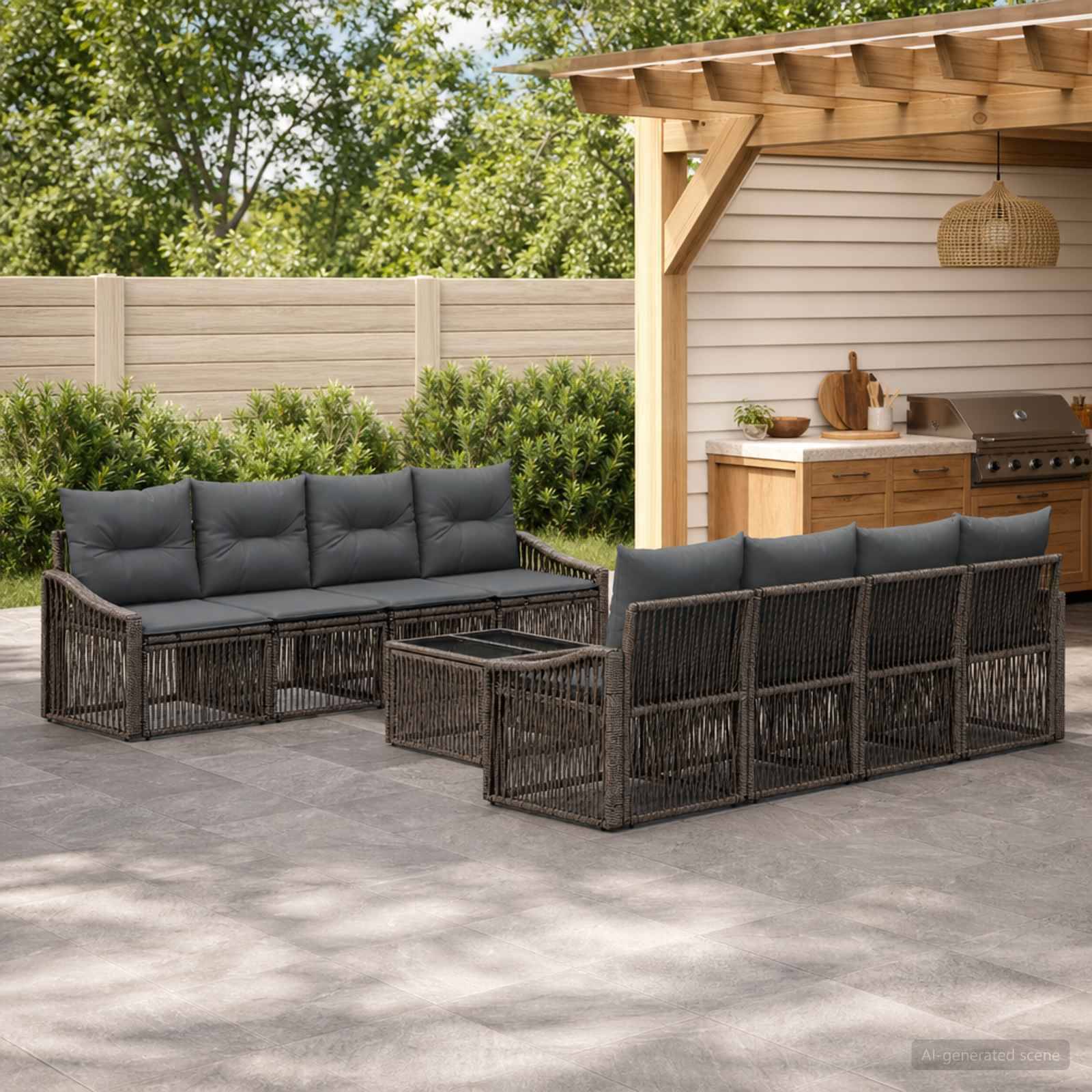 Outdoor-Sitzmöbelset mit dunklen Korbsofas und Couchtisch neben einer hölzernen Außenküche unter einer Pergola.