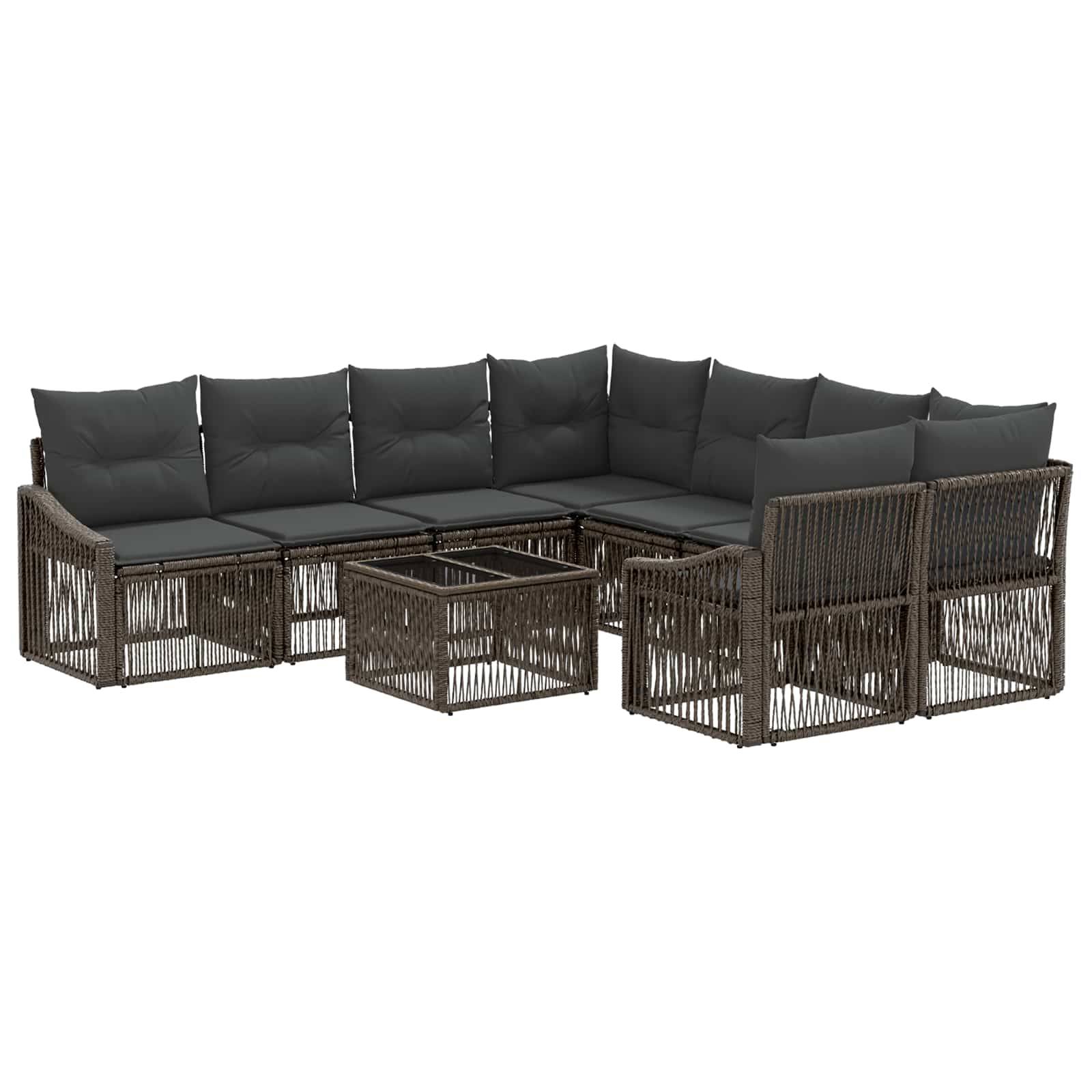 Dunkles Flechtwerk Outdoor-Ecksofa mit grauen Kissen und passendem quadratischem Couchtisch auf weißem Hintergrund.