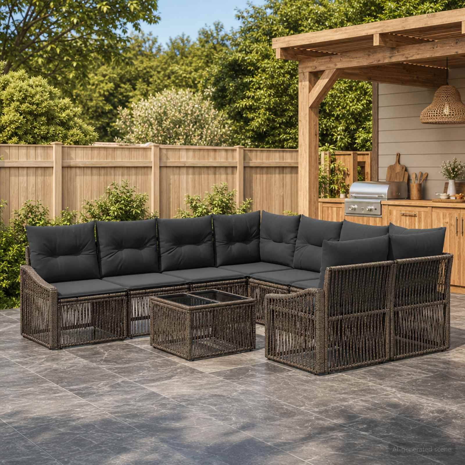 Outdoor-Patio-Sitzmöbel-Set mit dunklem Rattan-Ecksofa und Couchtisch auf einer Steinterrasse neben einer überdachten Außenküche und Holzzaun.