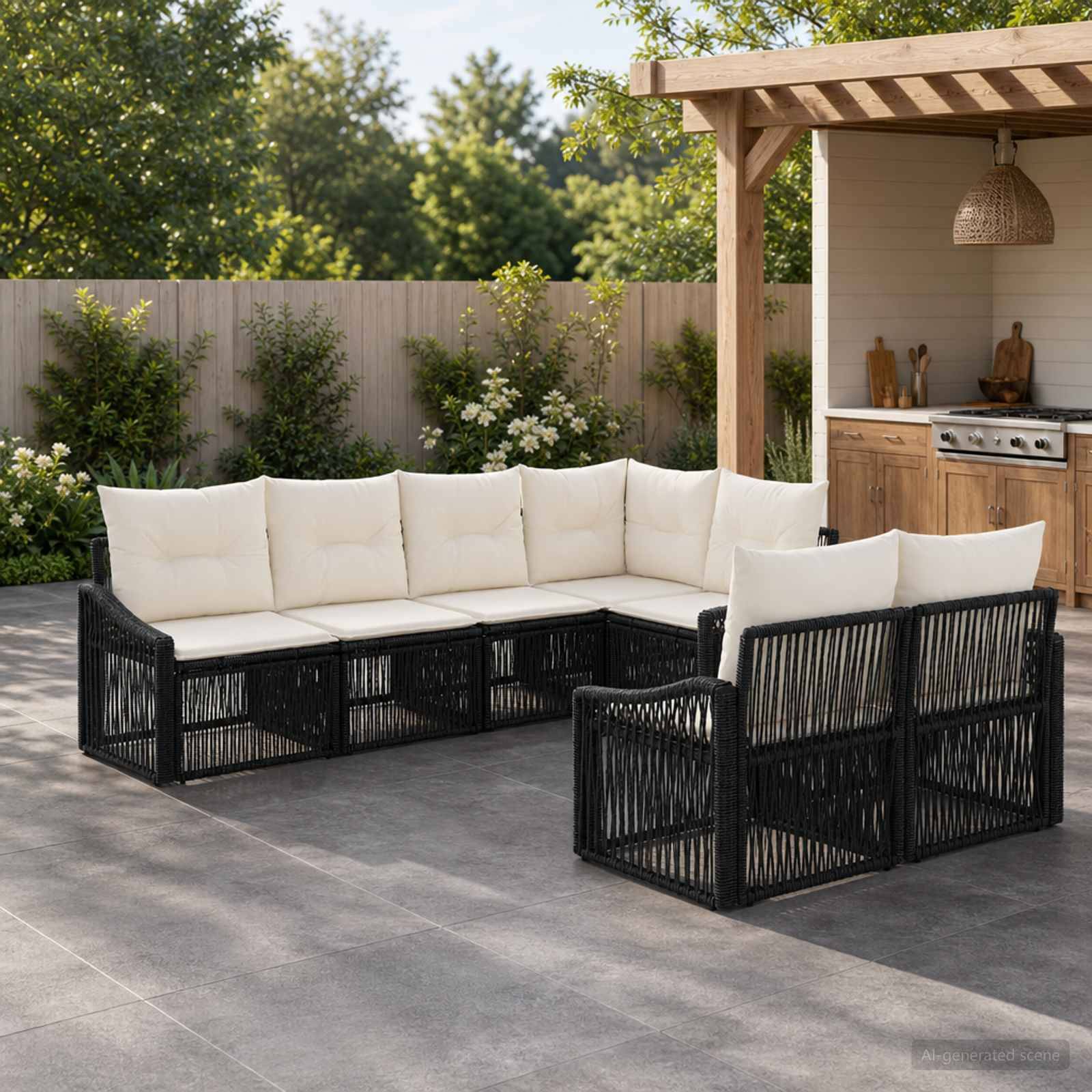 Außenbereich mit Terrassensitzplatz mit schwarzem Polyrattan-Ecksofa und passendem Stuhl mit cremefarbenen Kissen neben einer Außenküche.