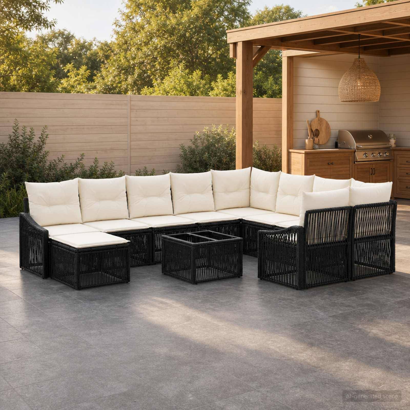 Outdoor-Patiosektional mit cremefarbenen Kissen und schwarzen geflochtenen Rahmen um quadratische Tische neben einem überdachten Grillbereich.