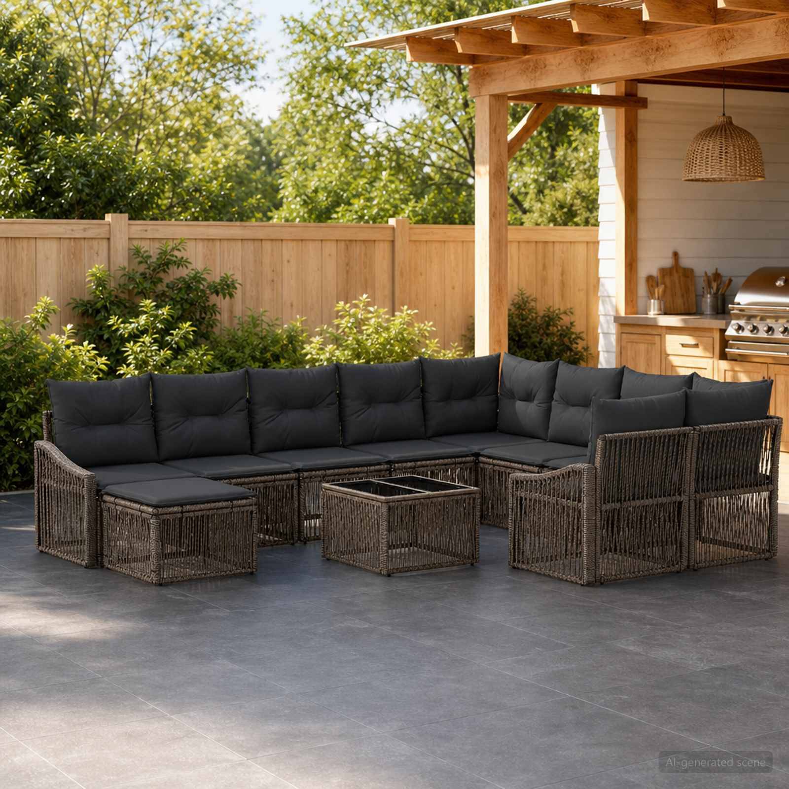 Überdachte Terrasse mit dunklem Rattansofa in Eckform, passenden Sitzkissen und Couchtisch unter einer offenen Pergola neben einem eingebauten Grill und Holzzaun.