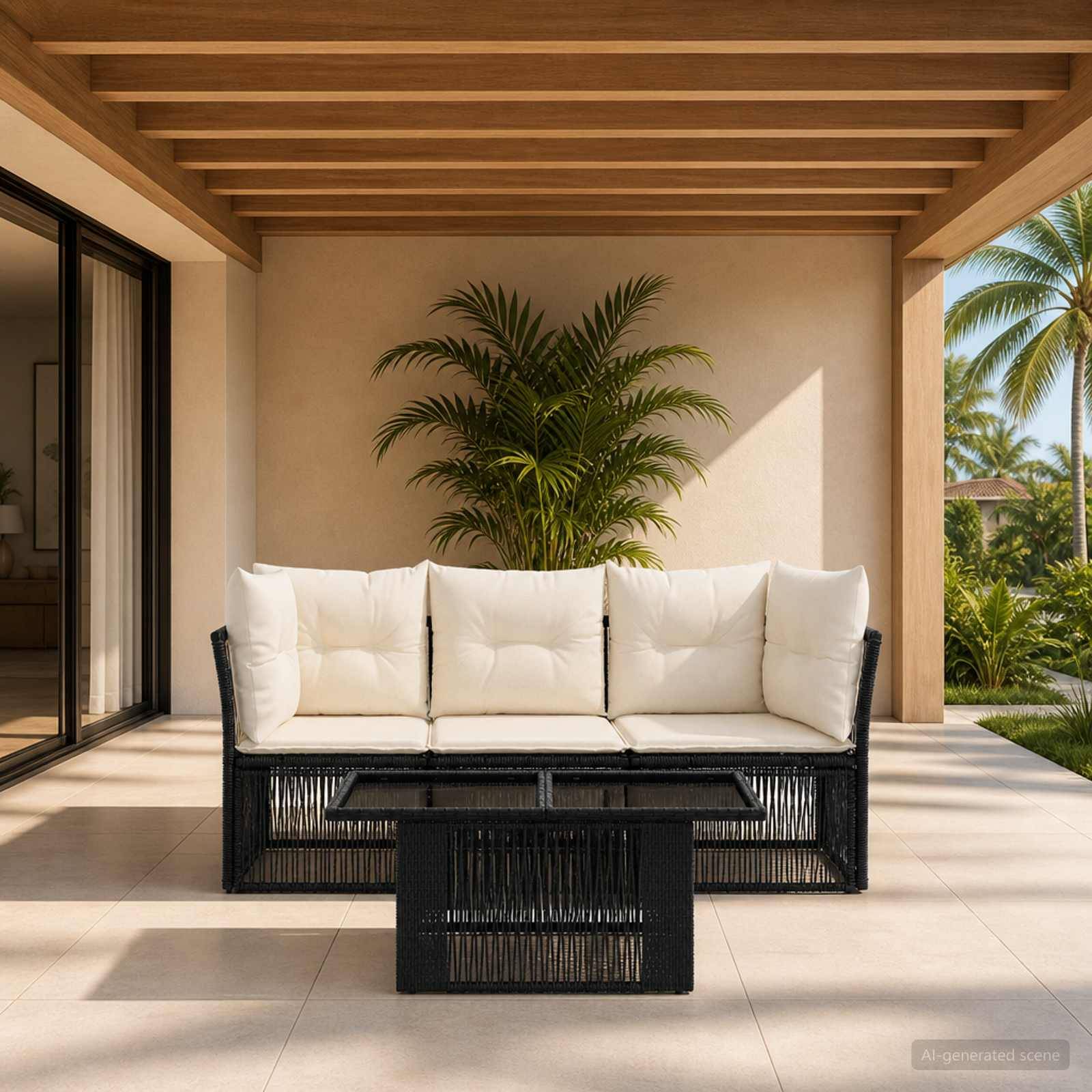 Moderne überdachte Terrasse mit weißem gepolstertem Sofa, schwarzem Couchtisch und tropischen Pflanzen in einem hellen Außensitzbereich.