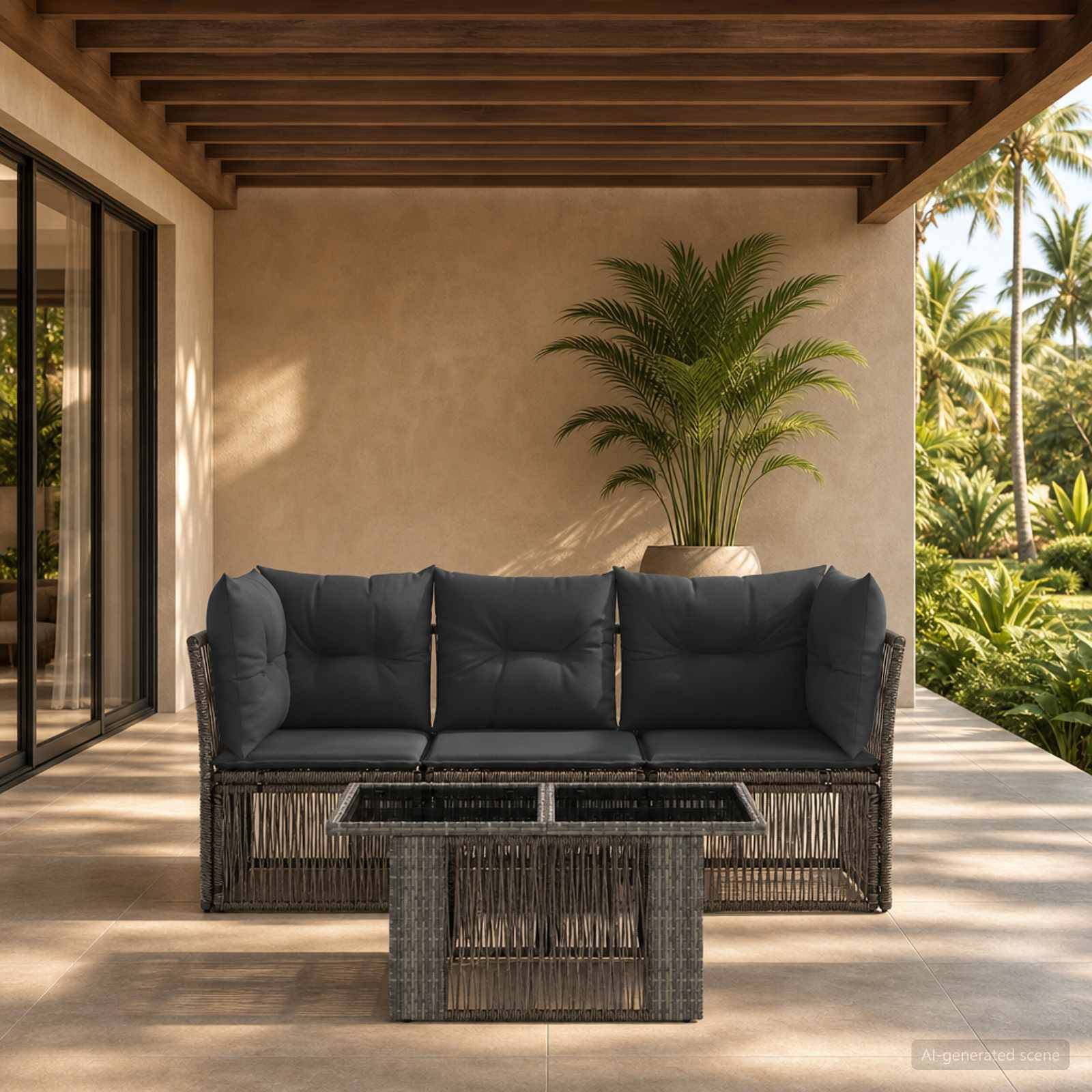 Überdachte Terrasse mit Korbsofa und glsernem Couchtisch, dahinter ein Topfpalme und eingerahmt von tropischer Begrünung.