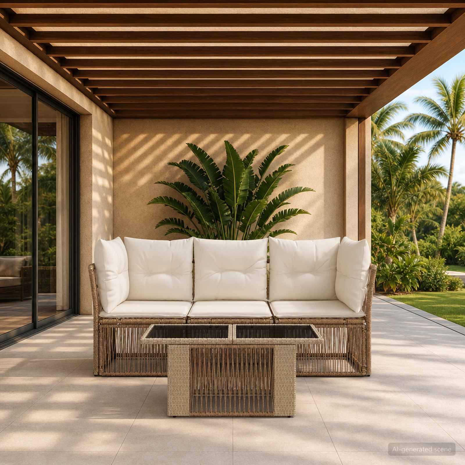 Terrasse im Freien mit gewebtem Sofa, weißen Kissen und passendem Couchtisch unter einer Lamellenpergola, mit tropischen Pflanzen im Hintergrund.