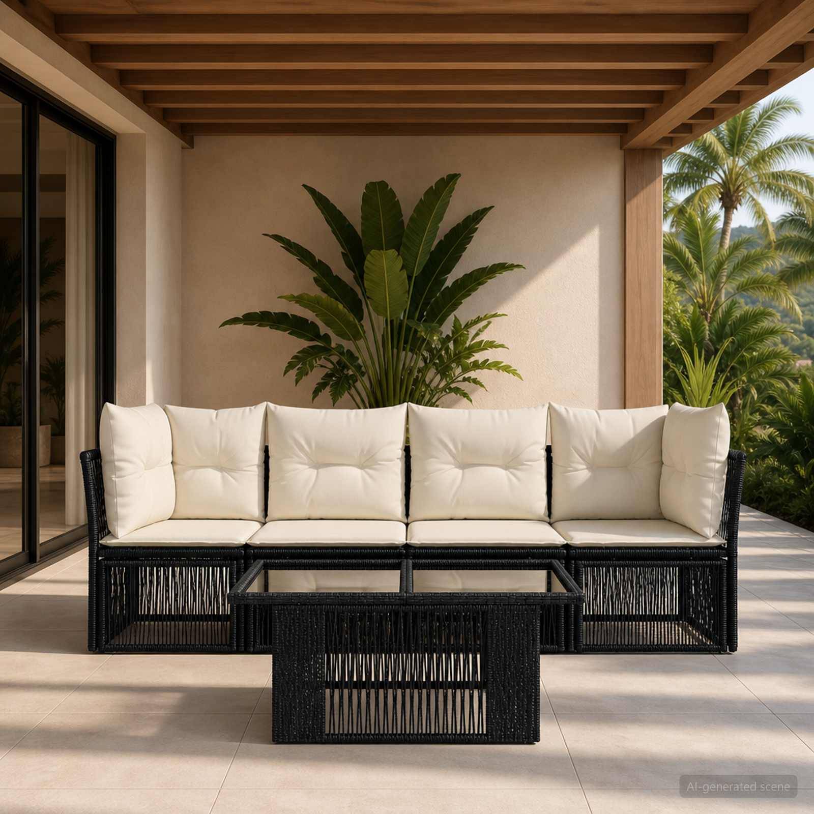 Outdoor-Terrasse mit einem schwarzen Flechtsofa und Glascouchtisch, cremefarbenen Kissen und großen Topfpflanzen in tropischem Stil unter einer überdachten Holzpergola.