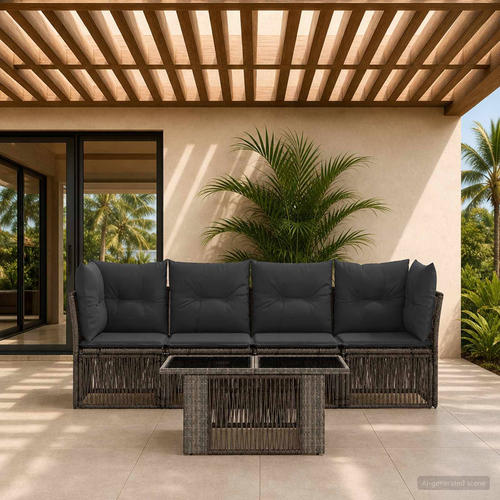 Außenterrasse mit dunkelm gepolstertem Ecksofa und passendem Couchtisch unter einer lamellenbedachten Pergola, mit tropischen Pflanzen und Glastüren dahinter.