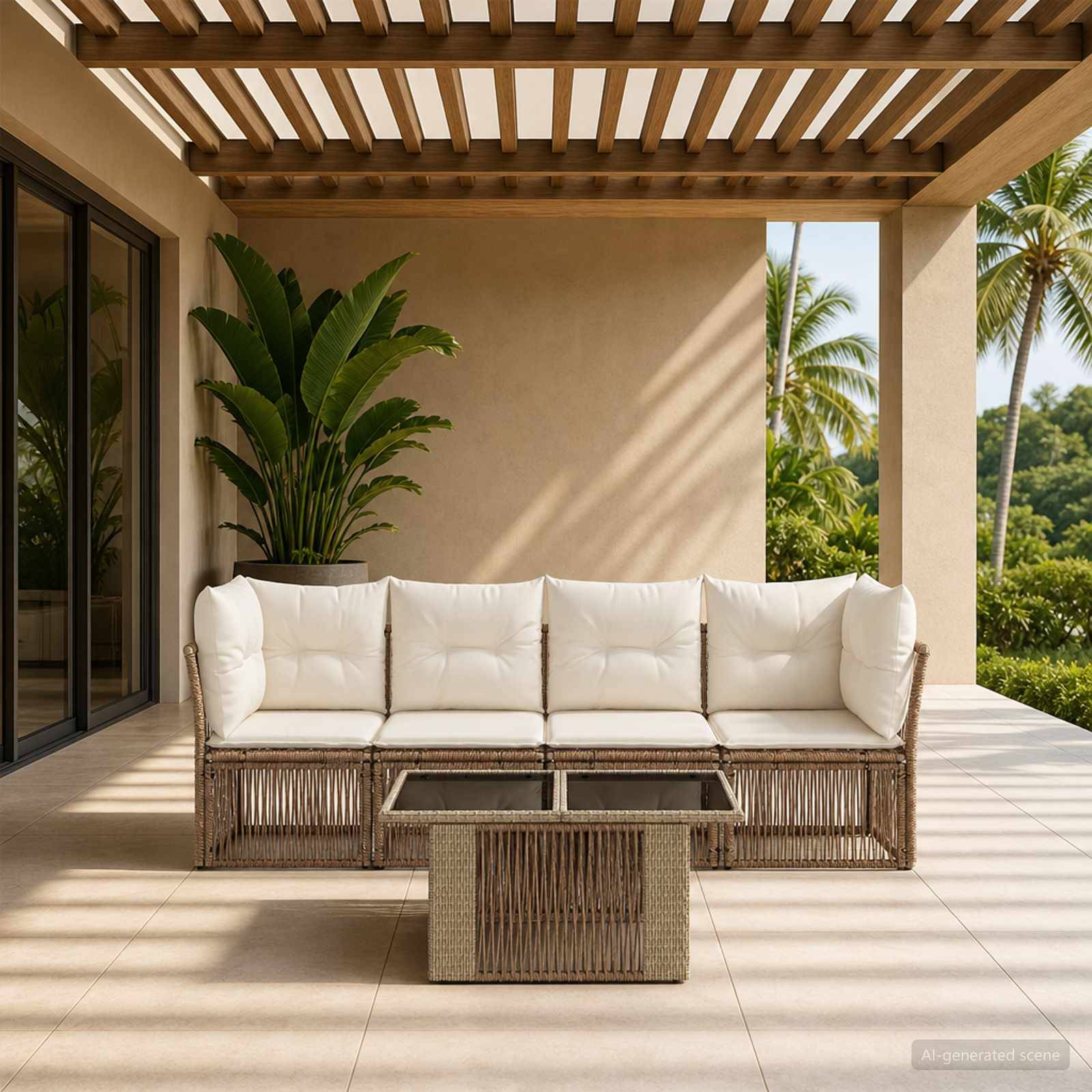 Überdachte Terrasse mit Rattansofa, Couchtisch und Topfpflanze mit Blick auf tropische Palmen.