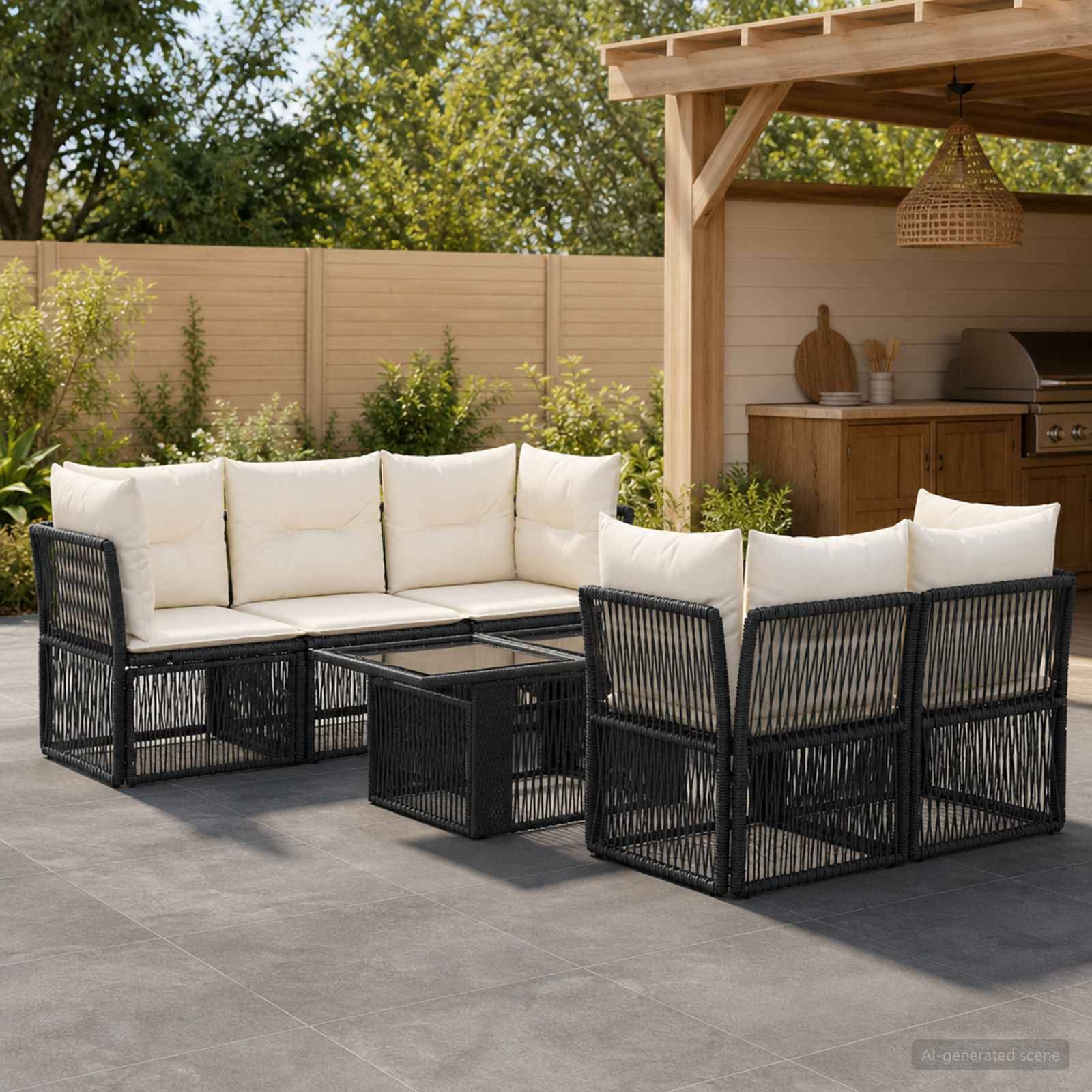 Gartenteich-Sitzgarnitur mit schwarzen geflochtenen Sofas, weißen Kissen und einem passenden Couchtisch neben einer Pergola mit Außenküche im Hinterhof.
