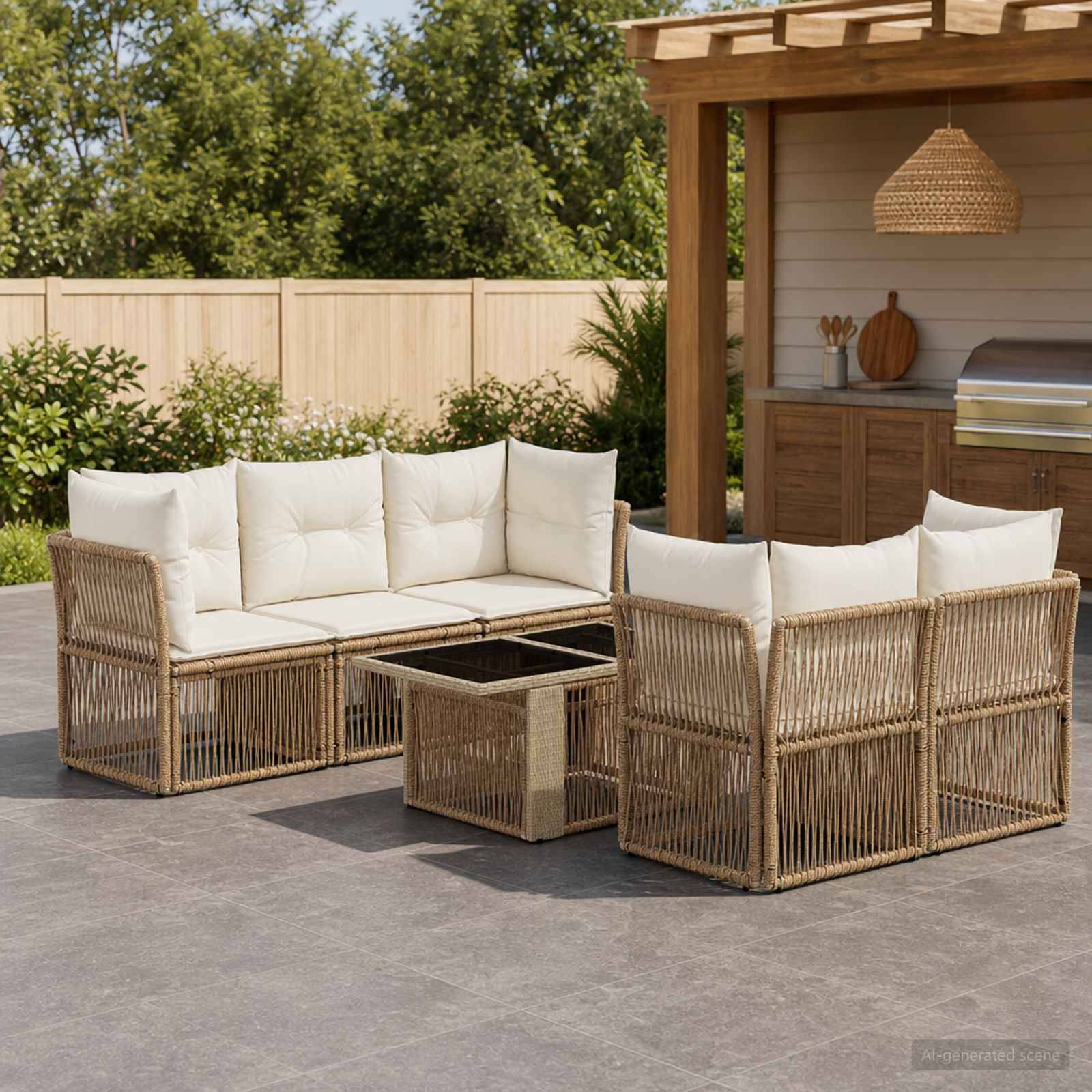 Outdoor-Sitzgarnitur für die Terrasse mit zwei geflochtenen Rattansofas, weißen Kissen und einem passenden quadratischen Couchtisch neben einer Gartenlaubenge und Außenküche.