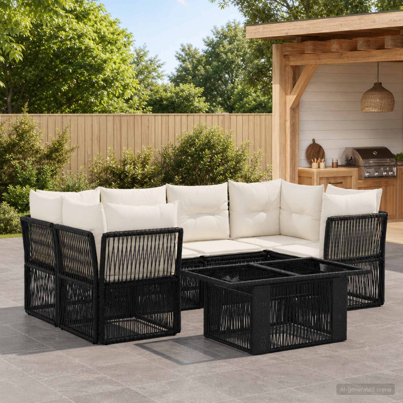 Schwarzes Gartensessel-Ecksofa aus Polyrattan mit weißen Kissen und passendem Couchtisch auf einer Terrasse neben einem Grillbereich im Hinterhof.