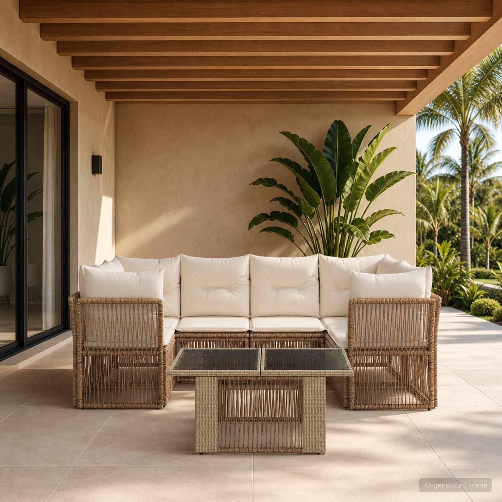 Außenbereich der Terrasse mit Korbsofa und -stühlen, Glaskaffeetisch und tropischen Pflanzen unter einer Pergola mit Holzbalken.