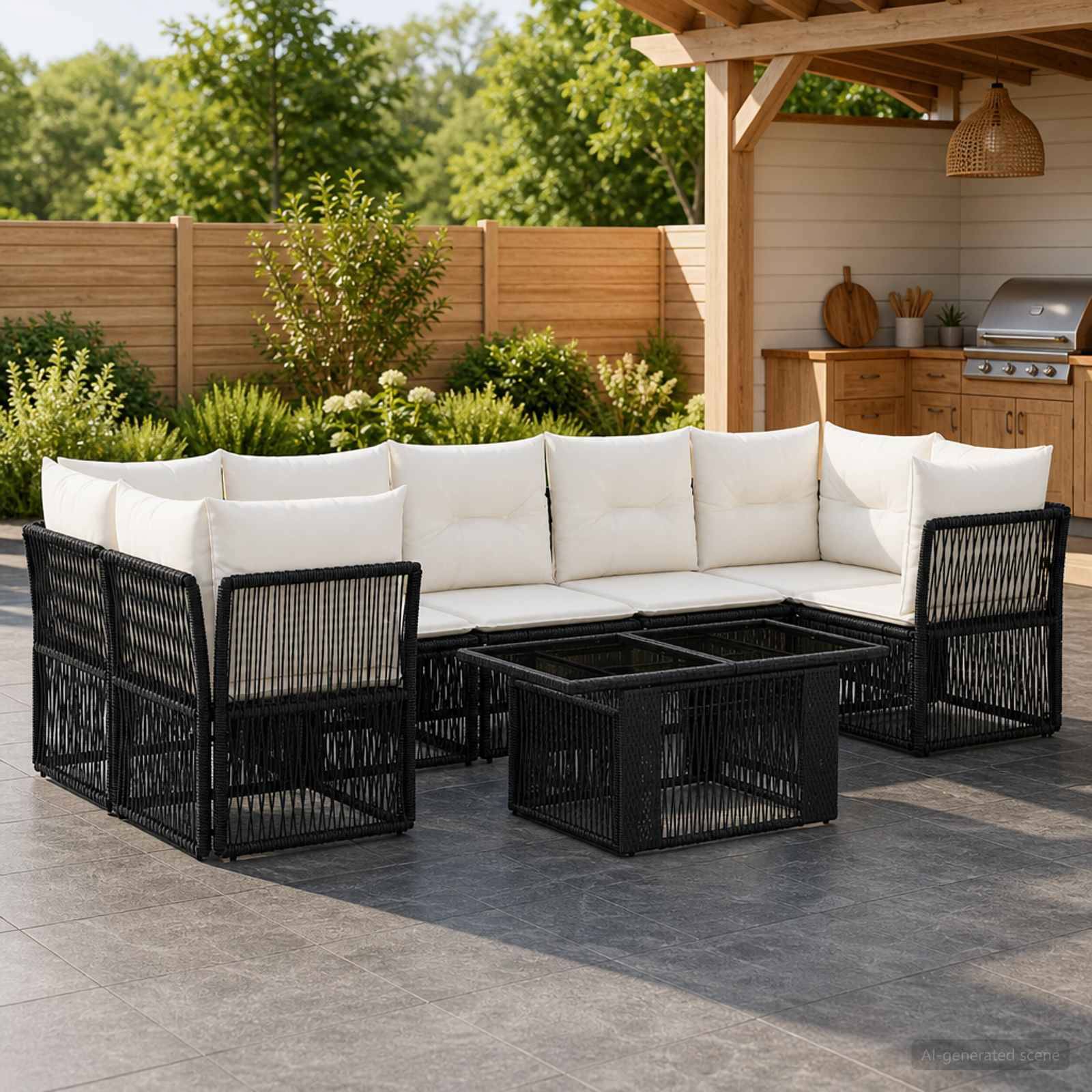 Außenbereich der Terrasse mit schwarzem Rattansektional und passendem Tisch, weißen Kissen, neben einer überdachten Grillstation und Holz-Sichtschutzzaun.