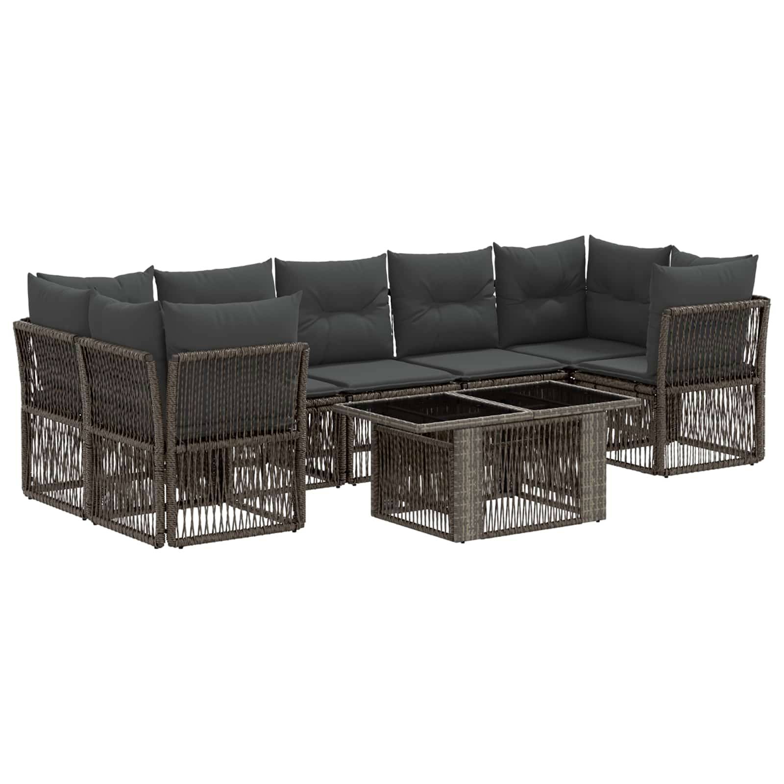 Outdoor-Sitzmöbel-Set mit dunklen Polstern, Rattanrahmen und passenden Glastischen auf weißem Hintergrund