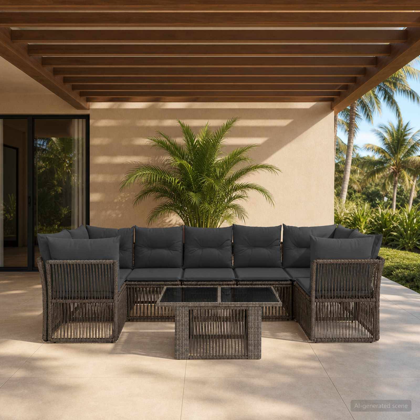 Outdoor-Sitzbereich auf der Terrasse mit dunkelbraunem Korbsofa, zwei Stühlen und Glaskaffeetisch unter einer Holzpergola, mit Tropenpflanzen und Palmen im Hintergrund.